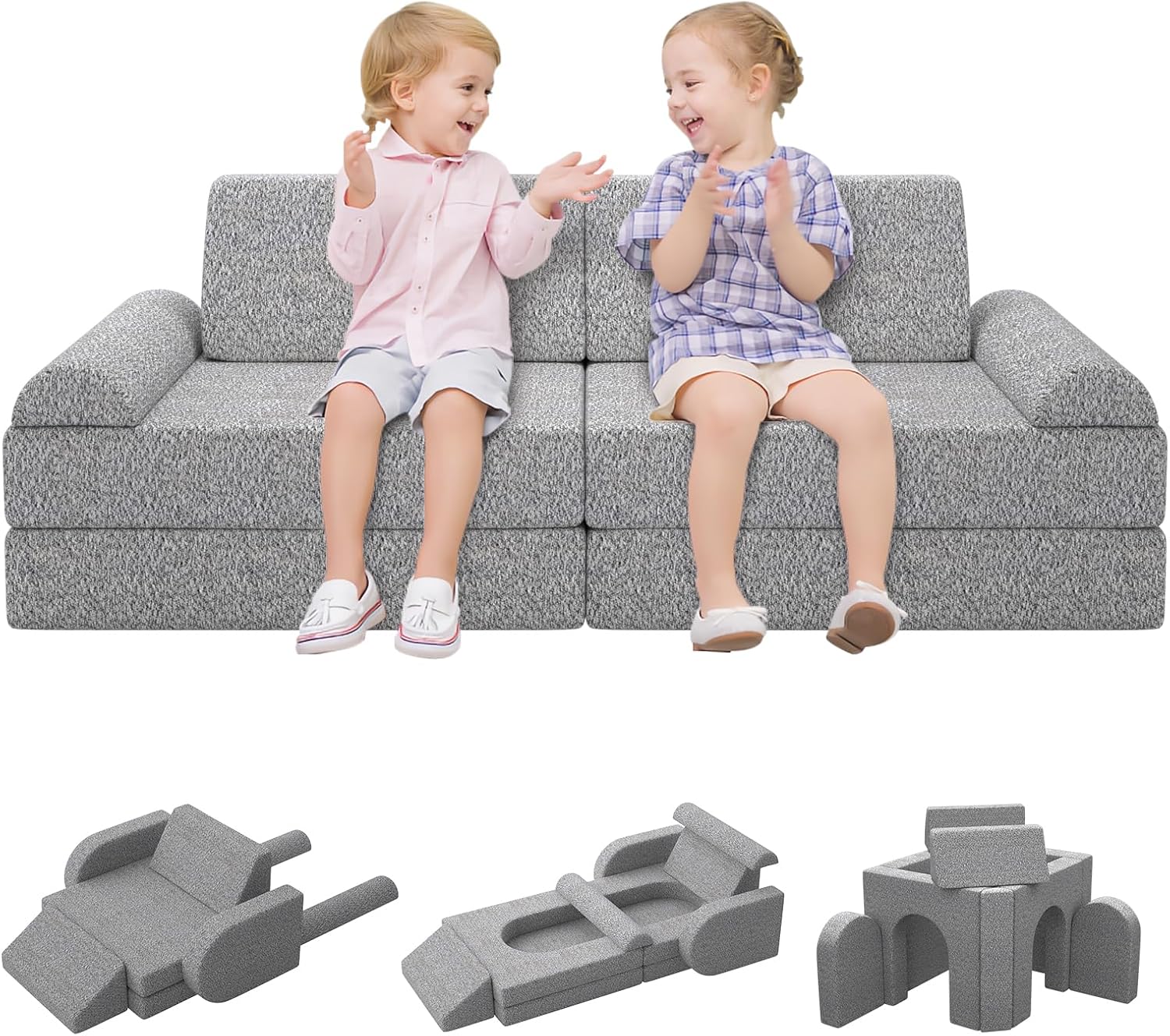 Modular Kids Play Couch with Washable Covers – Foam Toddler Sofa for Creative Play, Climbing, and Lounging – Convertible Kid Sofa Play Furniture for Kids Room or Nursery (Grey)