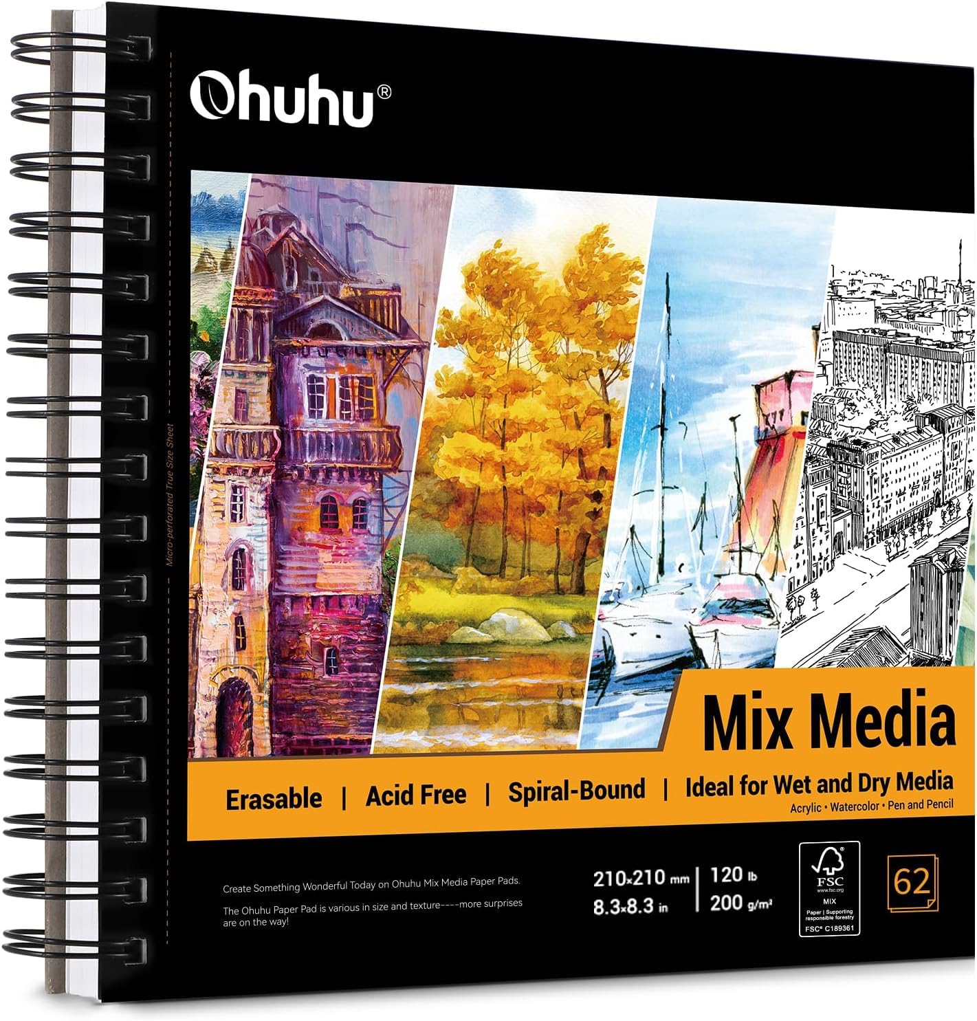 Ohuhu Mixed Media Sketchbook 200gsm - 124 Pages (62 Sheets) Acid-Free Paper, 8.3×8.3" (21×21cm) Square, Spiral Bound Hardback for Watercolour, Acrylic & Pastels, Wet & Dry Media