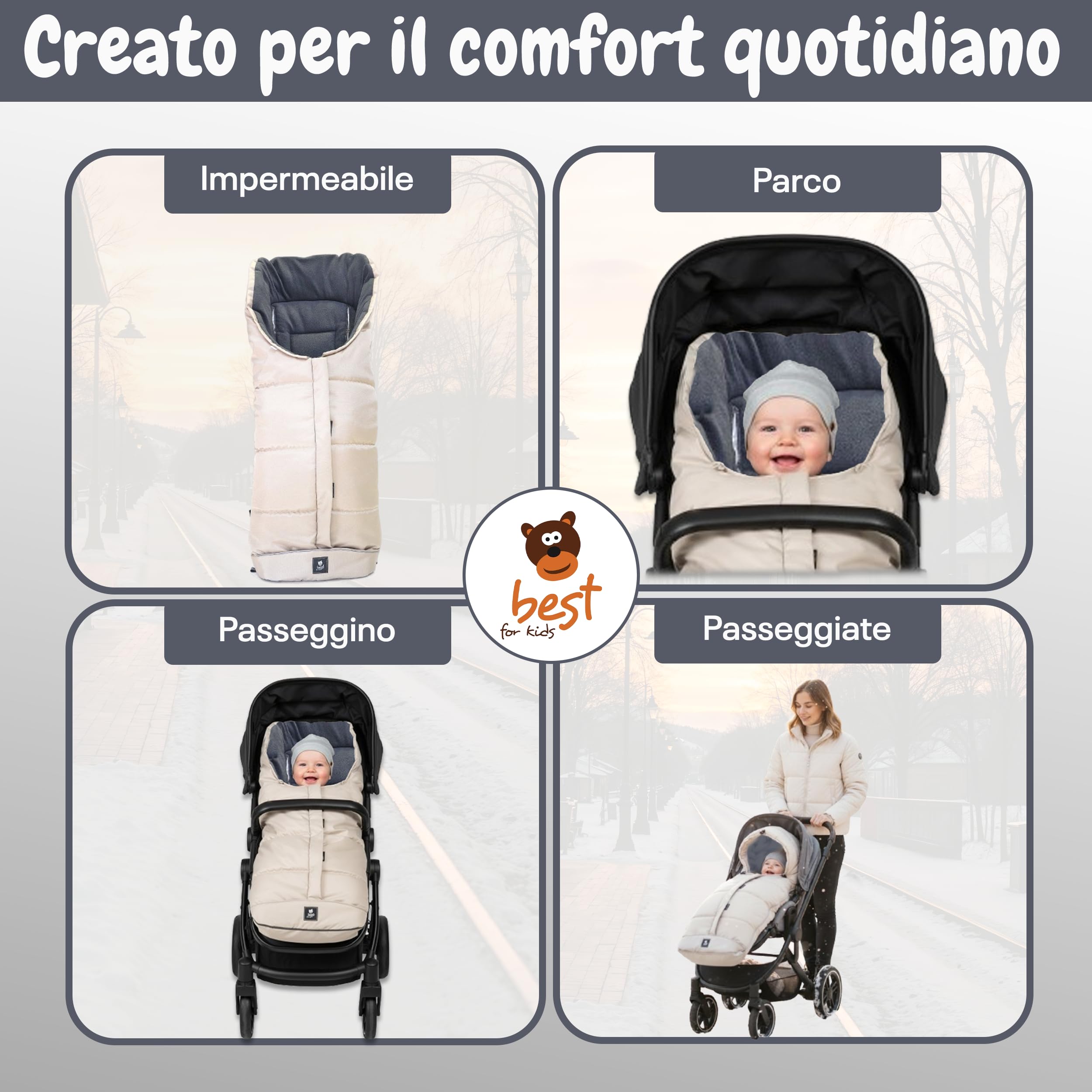 Sacco nanna invernale per passeggino, con materiale antiscivolo, ottima qualità (crema)