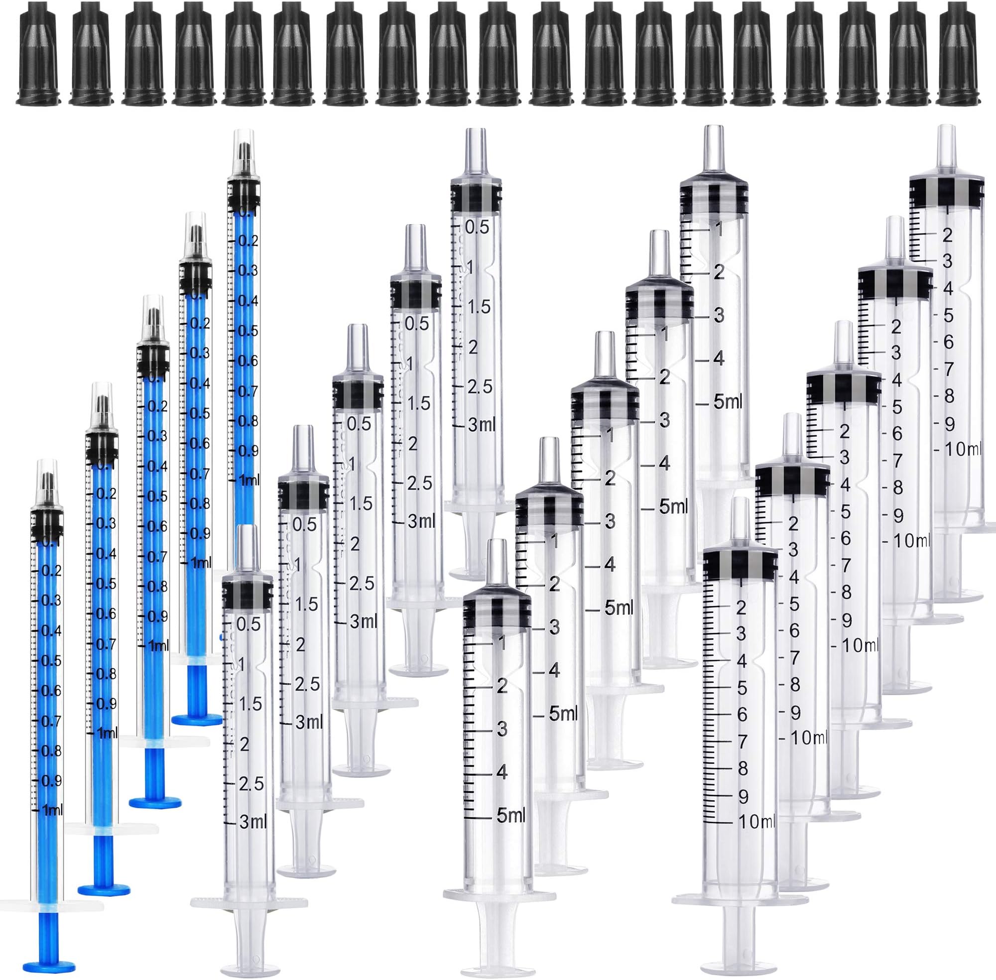 Foosi 20 Pack Plastic Syringes 1ml / 3ml / 5ml / 10ml Separate Sterile Packaging Syringe Without Needle with Caps,Suitable for Scientific Labs Measurement, Measuring, Dispensing, Watering, Refilling