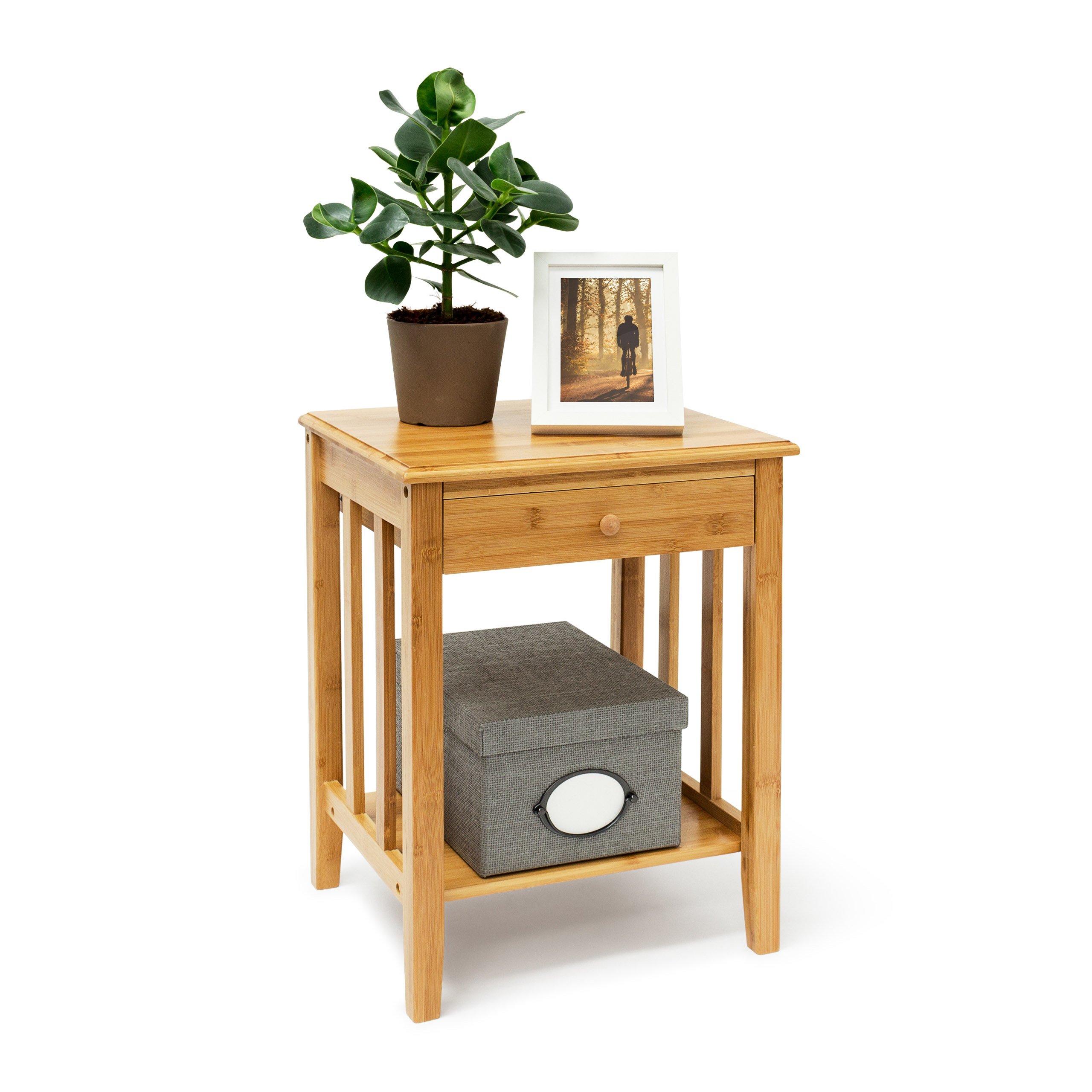 Relaxdays Table d'appoint en bambou avec tiroir : 51,5 x 40,5 x 30,5 cm, Table de chevet solide avec étagère inférieure en bois naturel, Couleur Naturelle