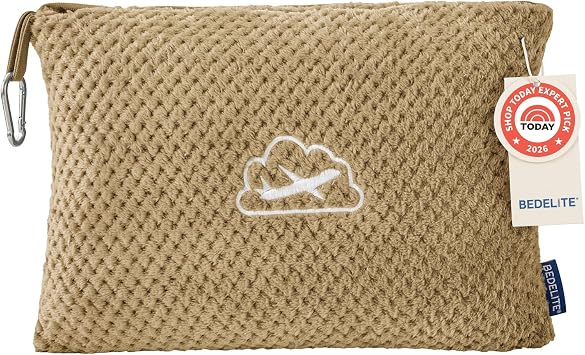 BEDELITE Travel Blanket with Bag, Jacquard Fleece Blanket 65"x40", Camel | Ultra-soft Airplane Blanket, Luggage Sleeve & Backpack Clip, Travel Essentials for Women, Foldable as Pillow for Long Flight