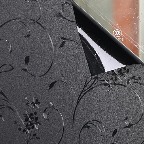 Miniatura 7 de Mikomer Película opaca total para ventana, 100% bloqueo de luz, película de vidrio para puerta, flores grabadas, oscurecimiento de la habitación