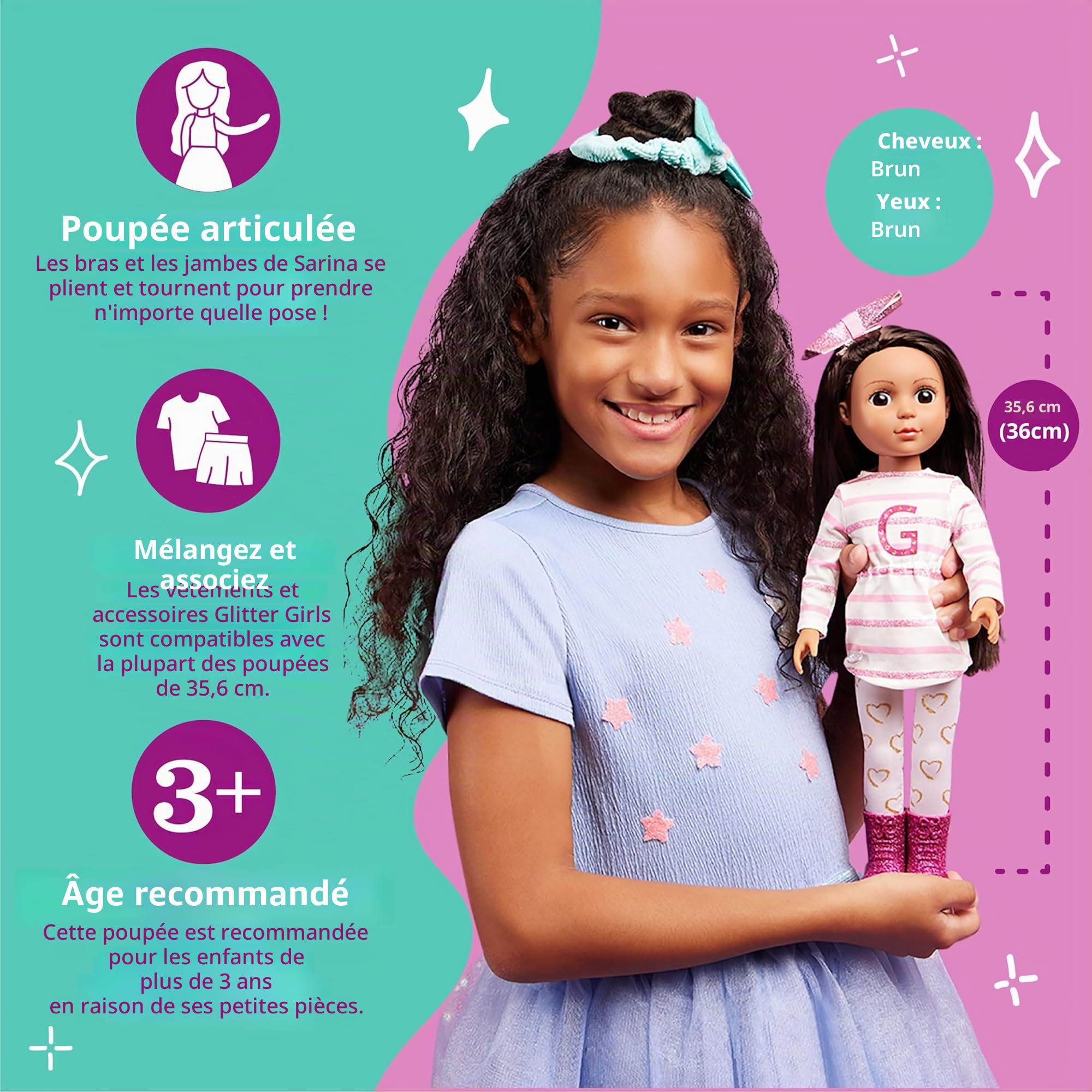 Glitter Girls - Sarinia - Poupée de Mode posable de 36 cm - Cheveux Bruns raides et Yeux Bruns - Tunique rayée et Bottes à Paillettes - Nœud pour Les Cheveux et Leggings à cœurs - 3 Ans et +