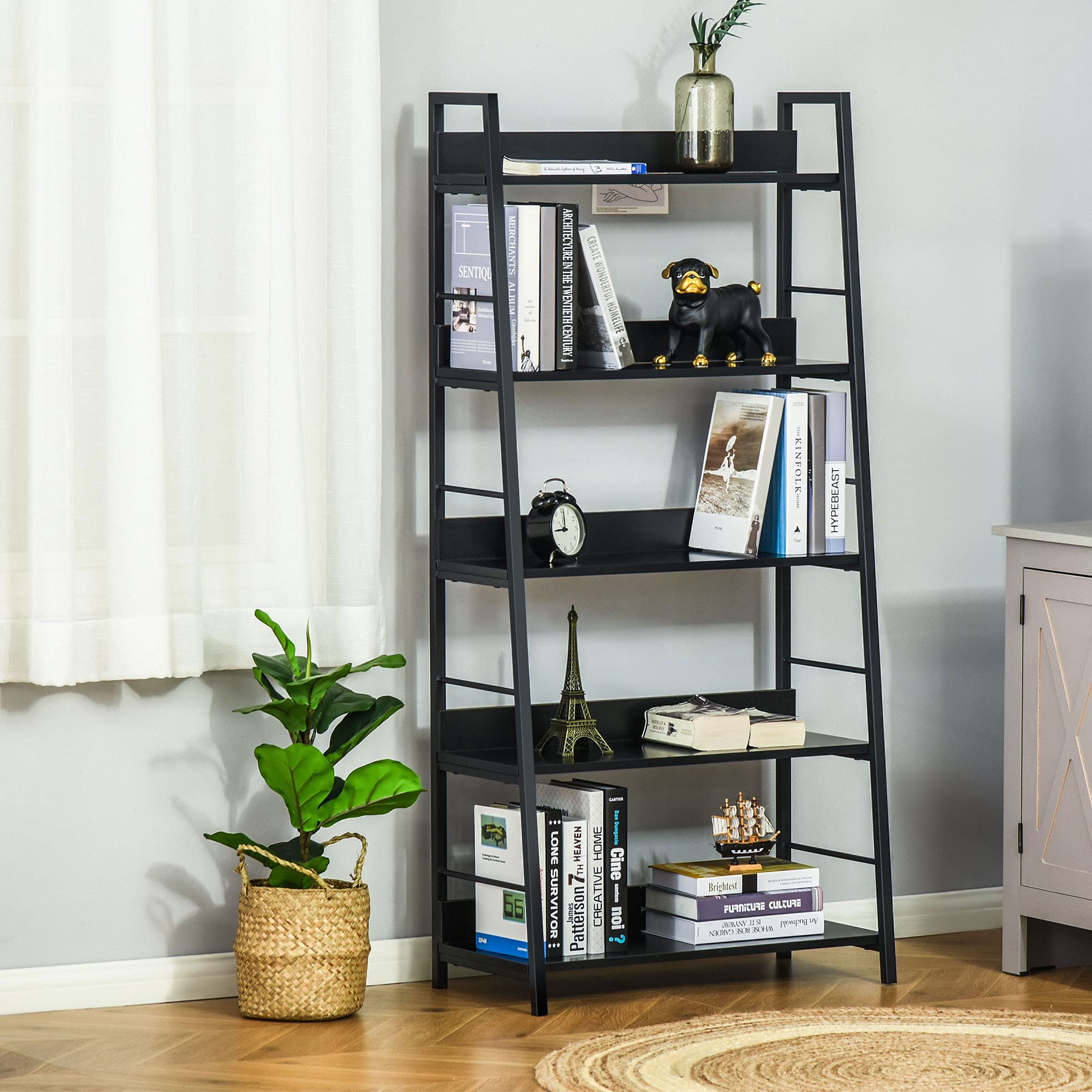 HOMCOM Regał na książki 5 poziomów 70 l x 35 l x 150H cm Czarny | Pochylony styl industrialny
