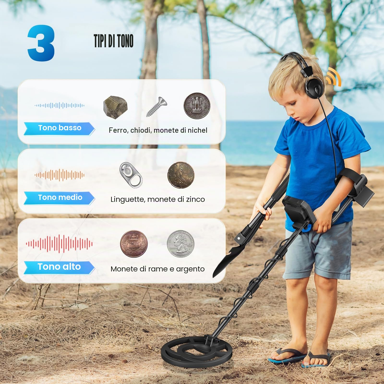 Metal Detector ad Alta Precisione, Lunghezza Regolabile 113 cm - 141 cm, 5 Modalità, Metal Detector Professionale con Schermo LCD, Bobina di Ricerca Impermeabile IP68 per Adulti & Bambini