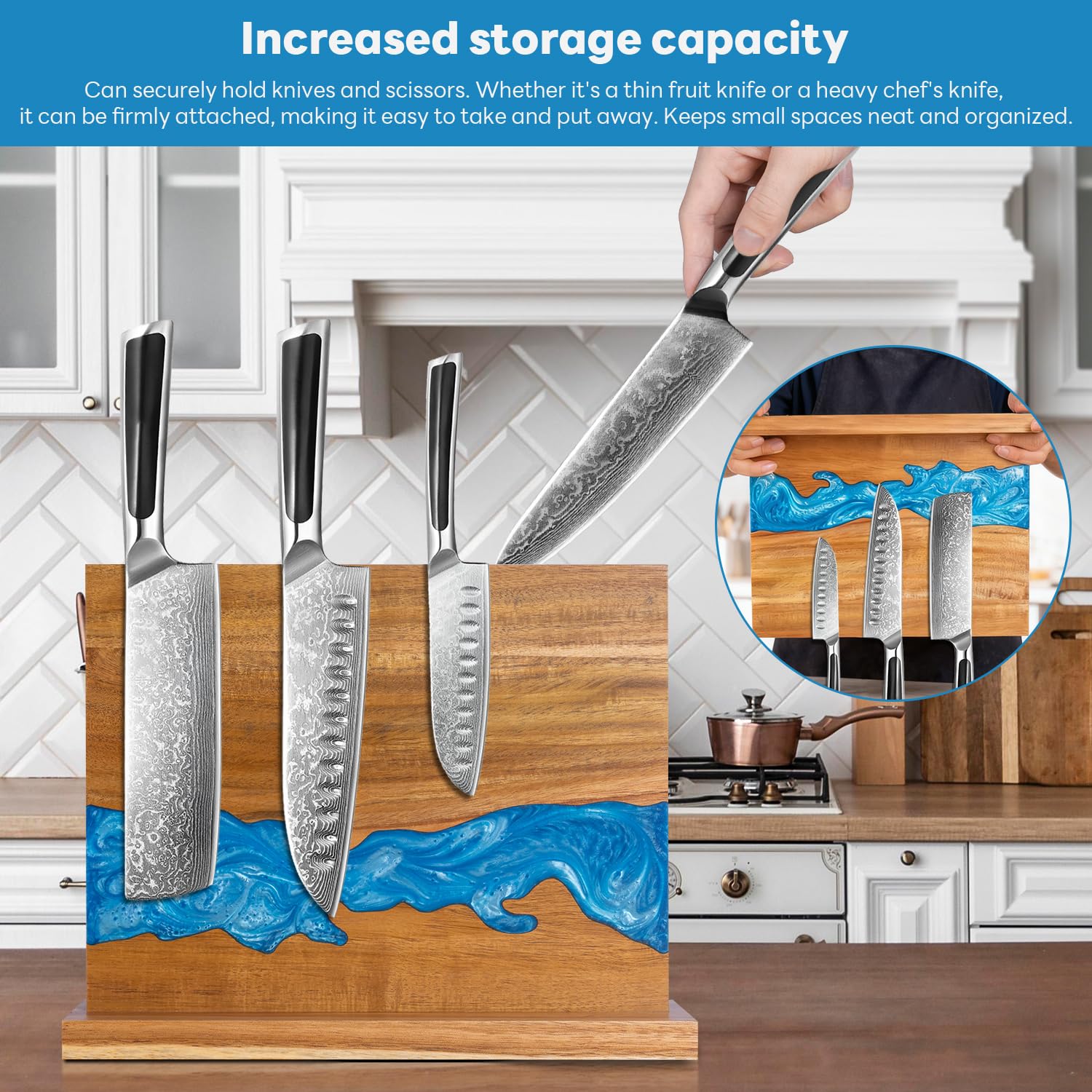 magnetic knife holder - Acacia wood Magnetic Knife Block, Magnetic Knife block stand with double-sided magnetic, blue resin river, 12.59 × 9.84 inches (Without knife) — Amazon image 4