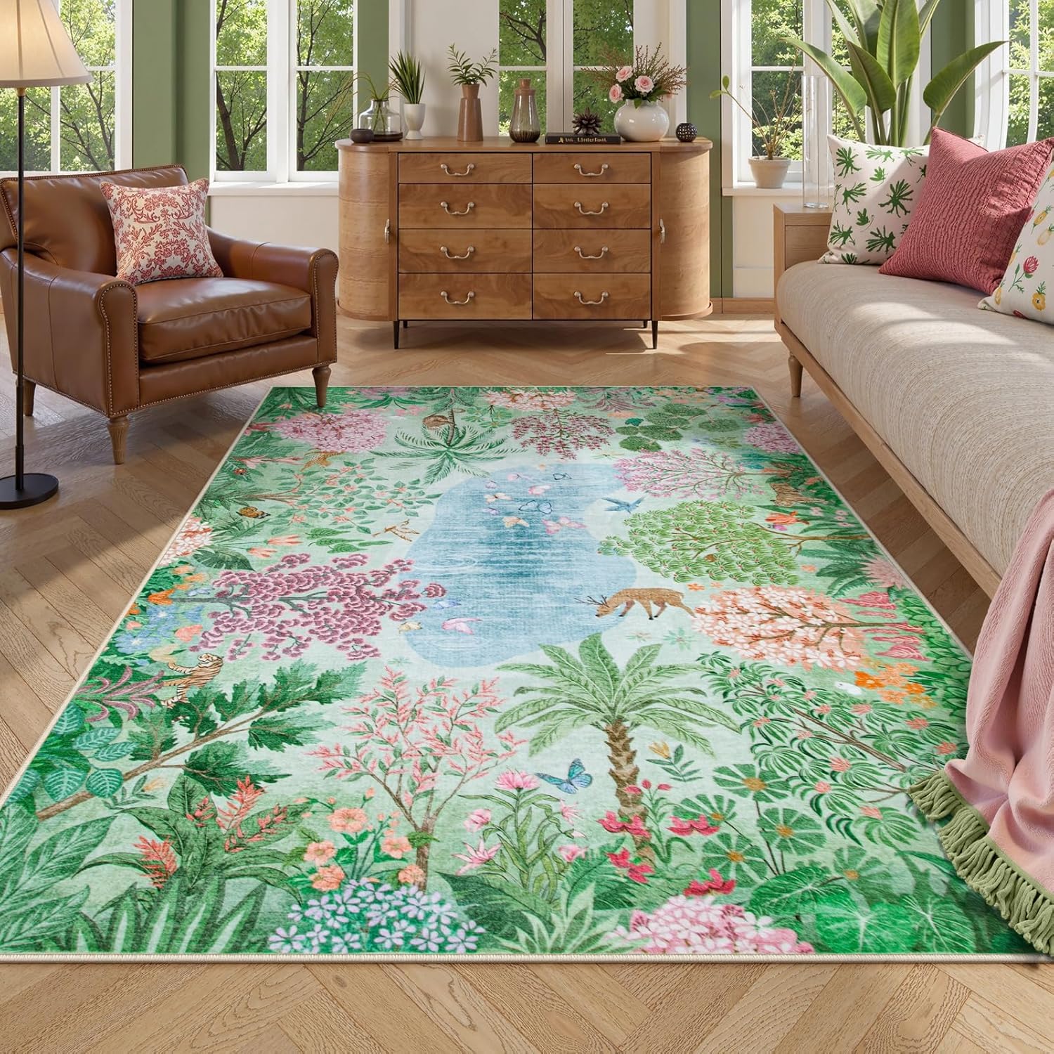 Tapis imprimé animaux multicolores vert rose bleu pour décoration salon et chambre 160x230
