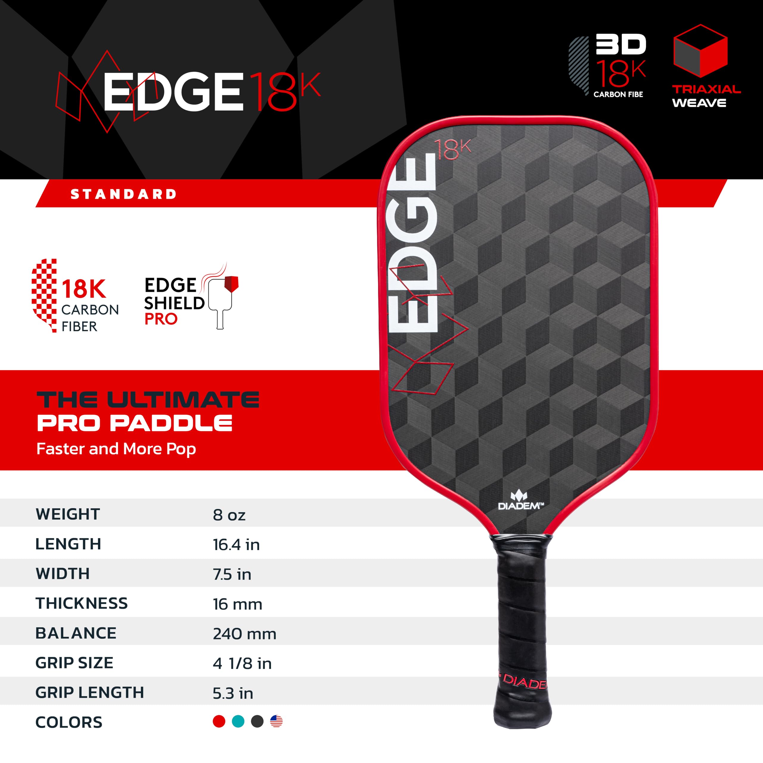 ピックルボールパドル Diadem Edge Carbon USAPA承認 Diadem Edge 18K Pickleball Paddle USAPA Approved | 18K