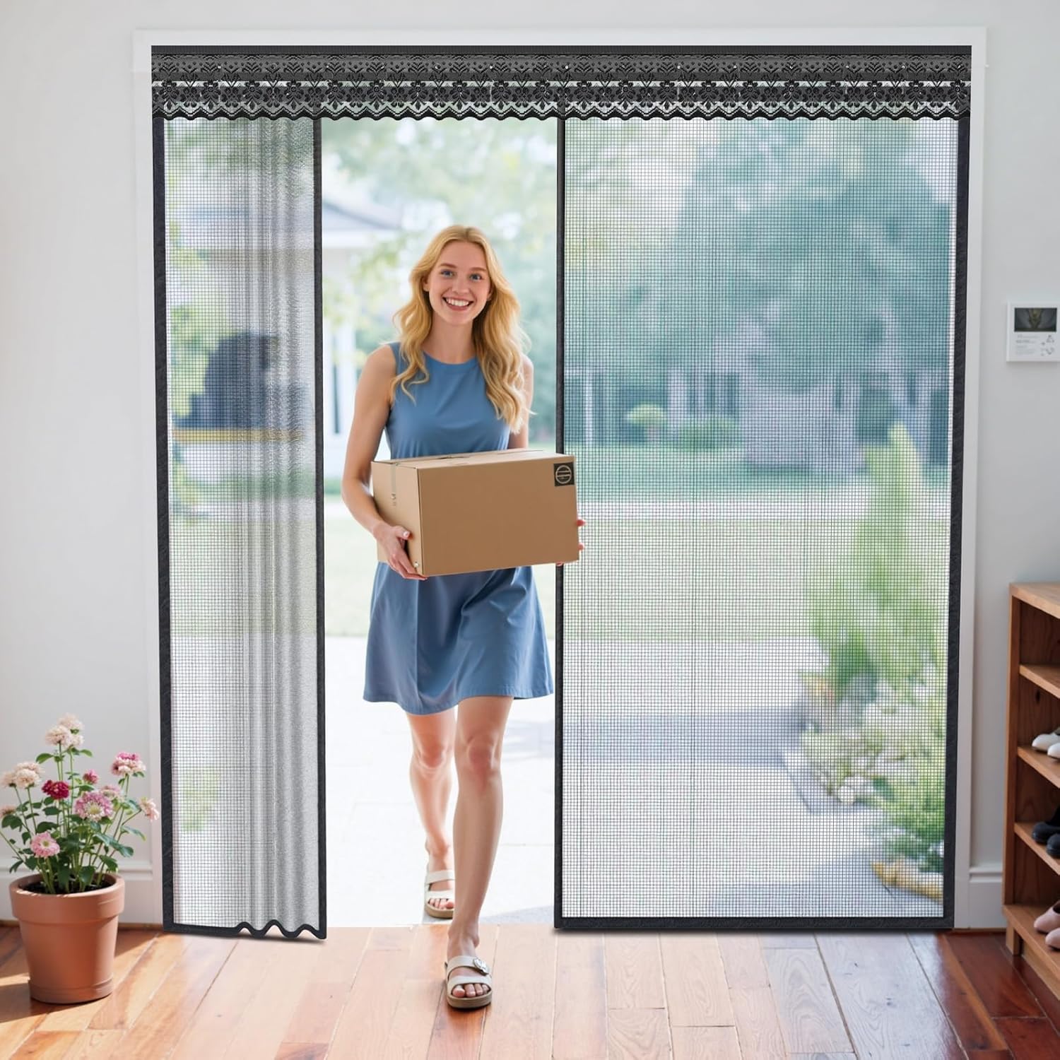 Retractable Magnetic Screen Door with Sliding Track for 72x80 Inch Doors