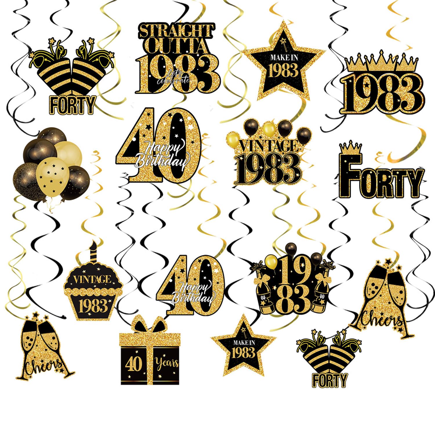 30 pcs Black Gold Birthday Decorations Hanging Swirls, Retro 1983 40th Birthday Ceiling Party Supplies for Men Women (40 th)