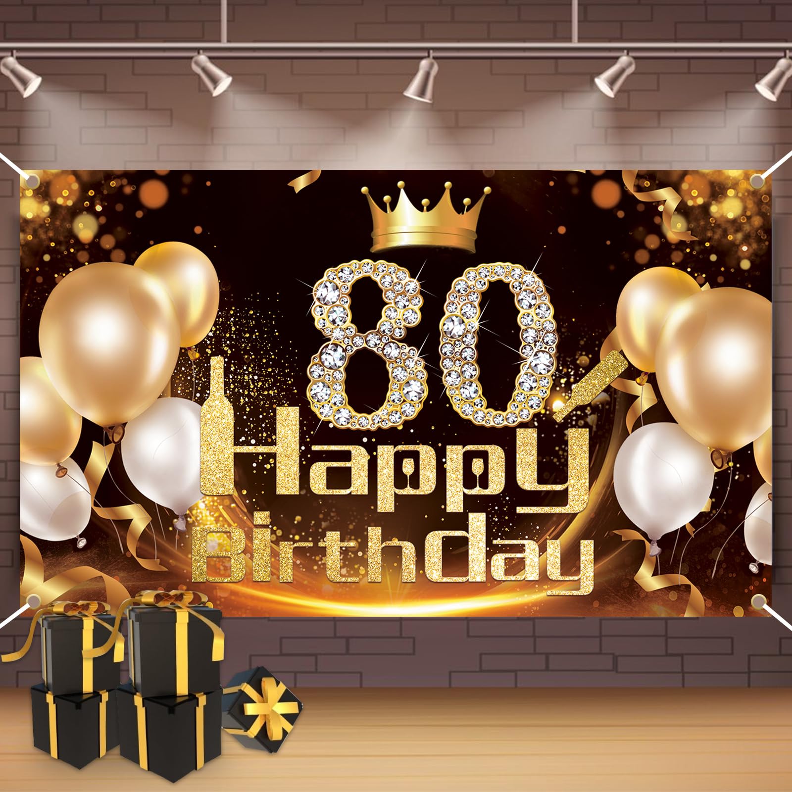 Rose Gold & Black 80th Birthday Decorations - Yard Banner & 18 Balloons Party Set