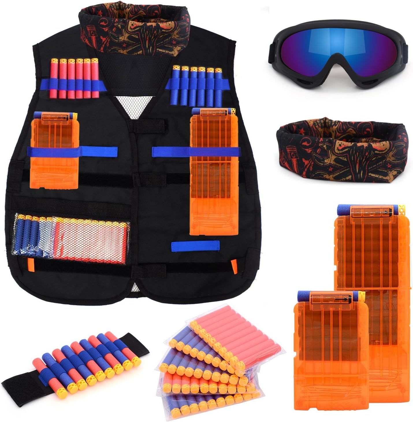 Forliver Kids Tactical Vest Kit for Nerf N-strike Elite Series with 50 Bullets Refill Darts + 2 Reload Clips + Face Tube Mask + Protective Glasses + hand wrist band