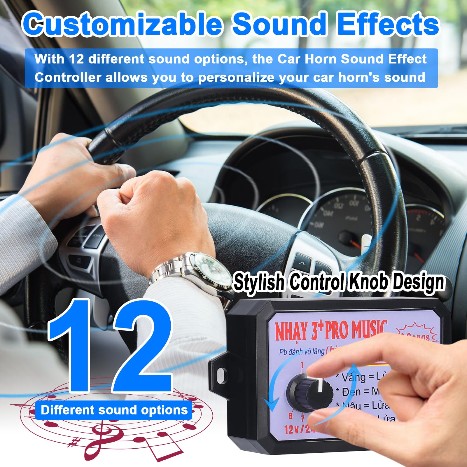 Controller di Klaxon per Auto, Livelli di Volume Regolabili 12-24 V, Effetti Sonori Personalizzabili, 12 Tipi di Controller di Klaxon Elettrico a Commutazione Sonora (12 Suoni)
