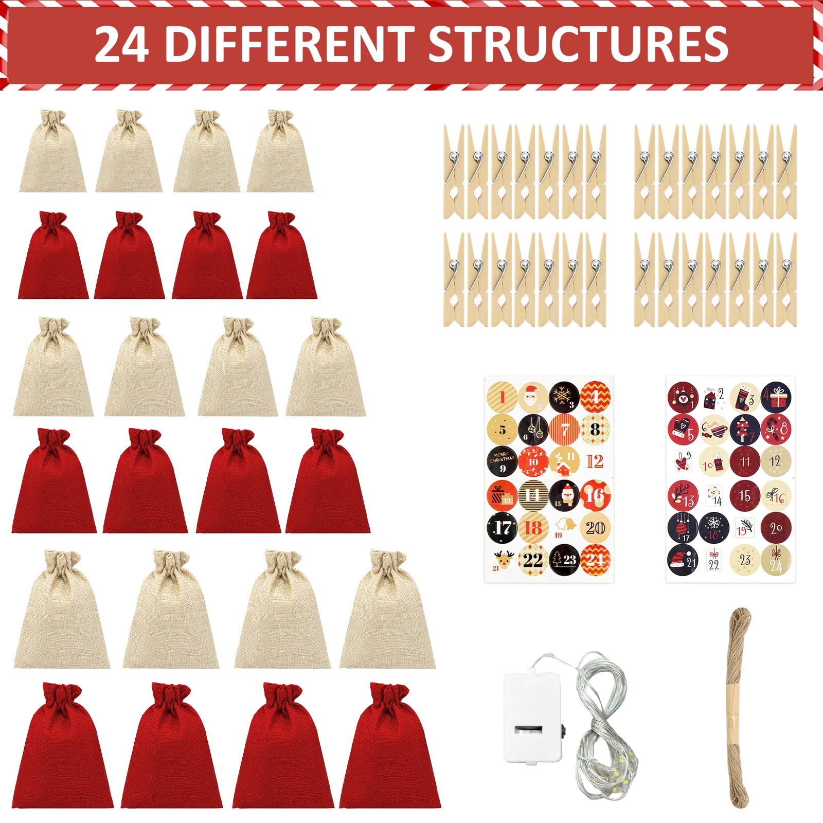 Juego de calendario de Adviento para rellenar, 24 bolsas de tela beige y rojas