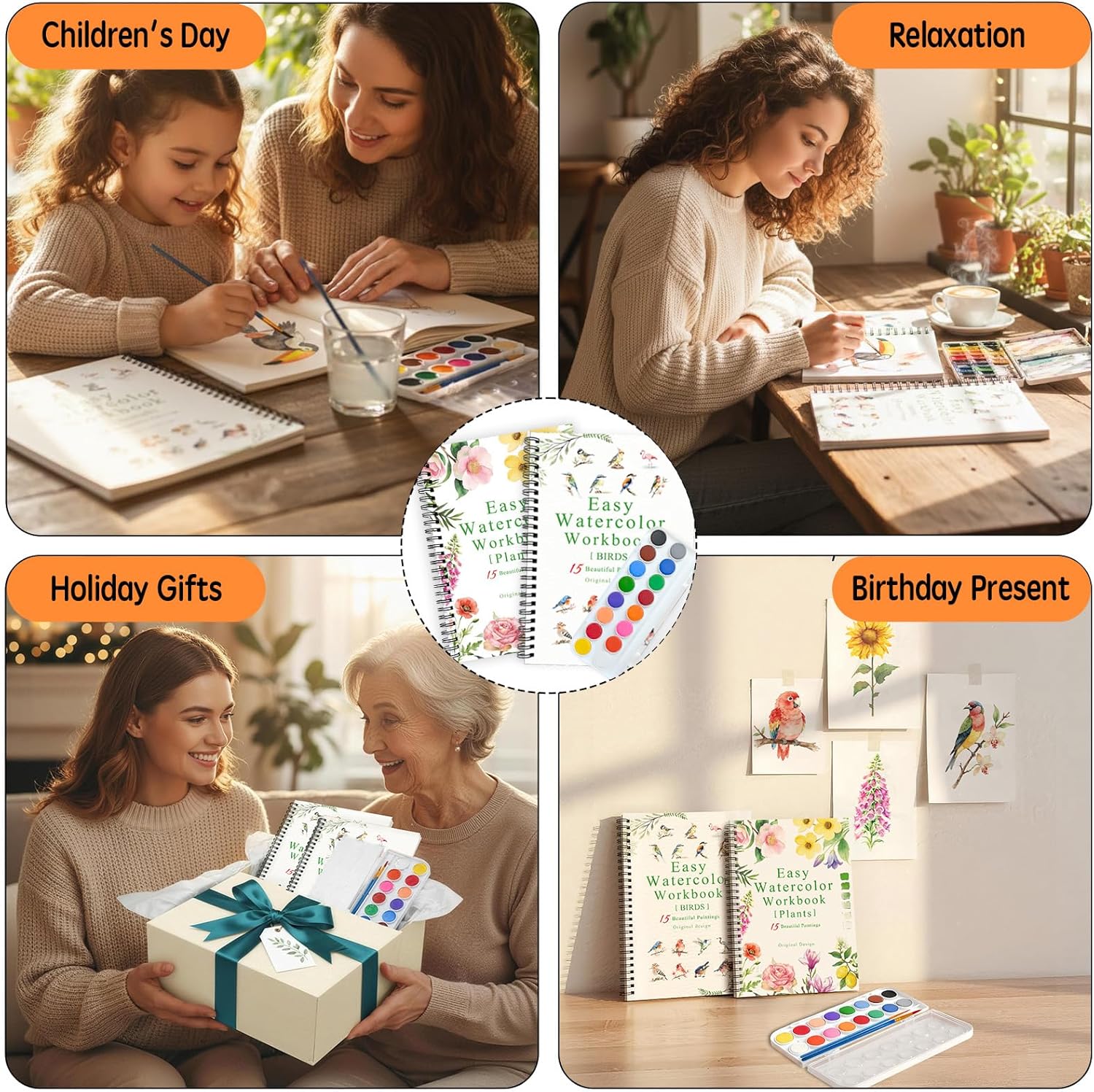 SLWBZ Watercolor Workbooks Set, 2 Books Different Themes Exquisite Workbook with Detailed Steps, 16 Colors of Palette and 2 Wooden Soft Brushes，Beginner-Friendly Watercolor Workbooks, Plants&Birds