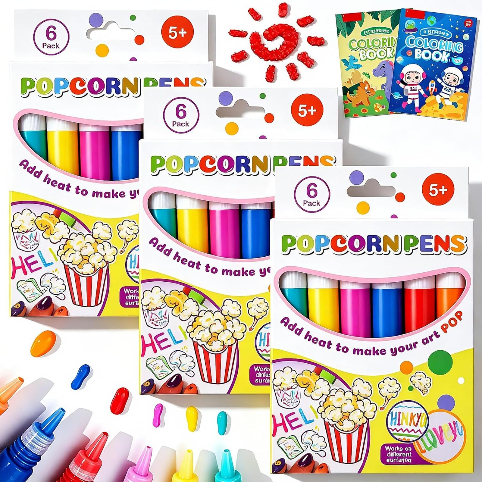 Pealeaf Popcorn Pens 18PCS, Puffy 3D Art Pens for Kids, Bubble Drawing Markers with 6 Colors, DIY Craft Supplies for Greeting Birthday Cards, Creative Painting Gifts for Children (18PCS)