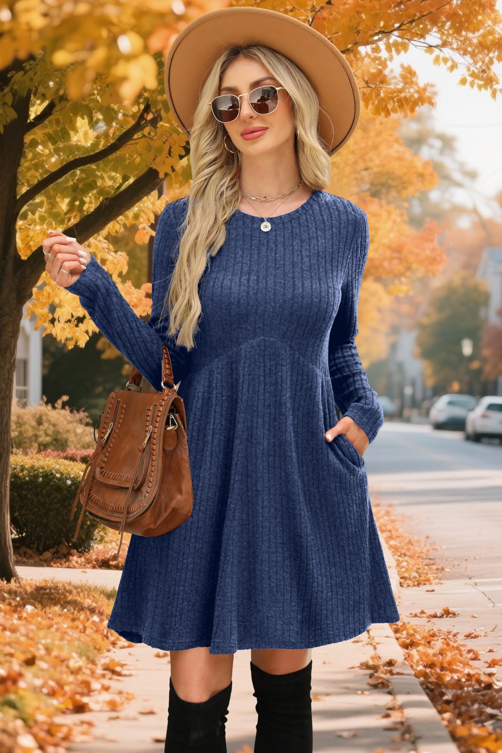 OFEEFAN Long Sleeve Dress for Women Crew Neck Empire Waist Tunic Dress with Pockets