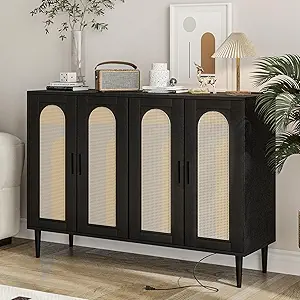 Rattan Buffet Cabinet with Storage,Sideboard Cabinet with 4 Doors and Adjustable Shelves, Console Coffee Bar with Charging Station, Boho Wood Cupboard for Kitchen, Livingroom and Dining Room,Entryway