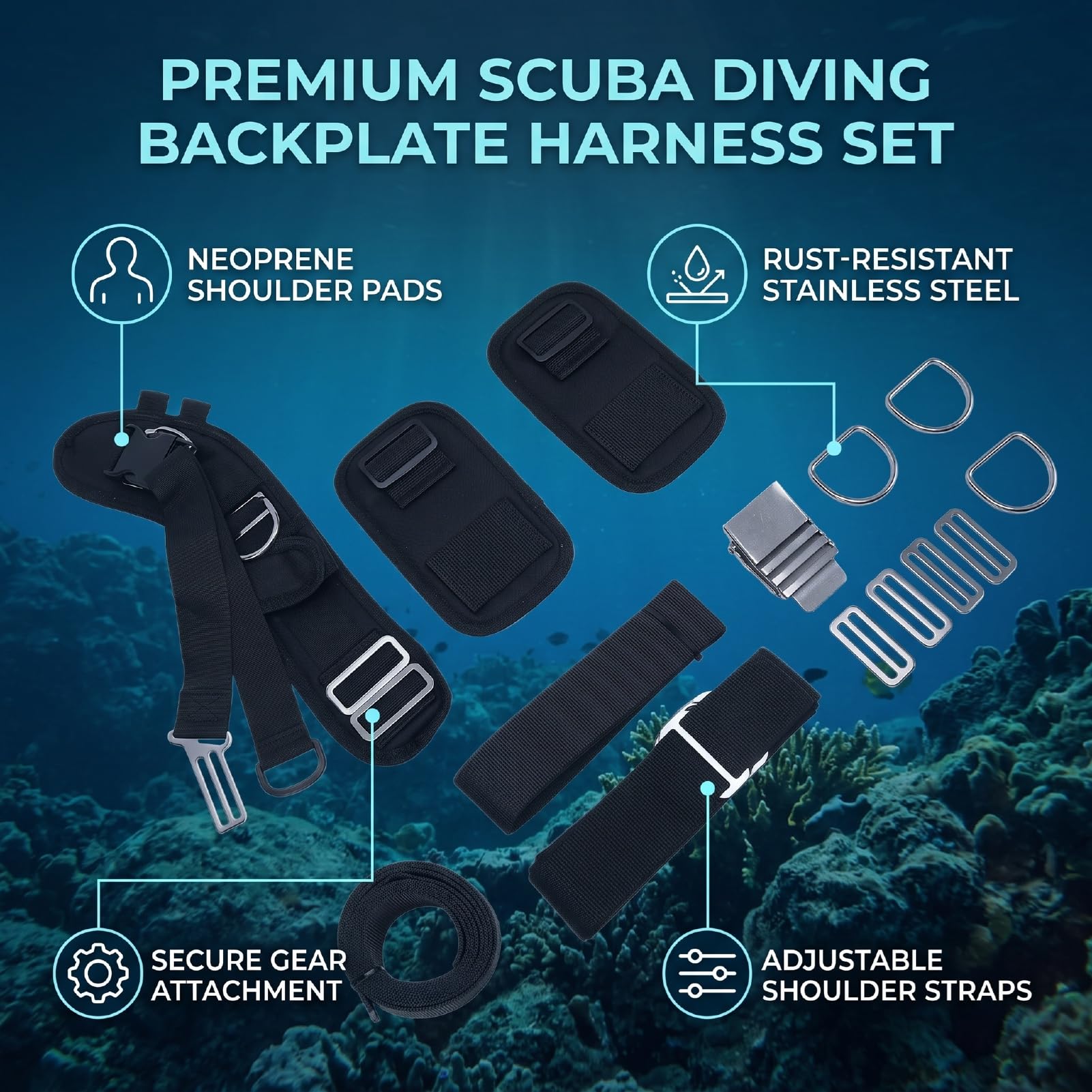 Luocute Imbracatura con Piastra Posteriore per Immersioni Subacquee | Fibbie Antiruggine in Nylon in Acciaio Inossidabile, Spallacci in Neoprene, Anelli di Ritenzione in Gomma Flessibile per