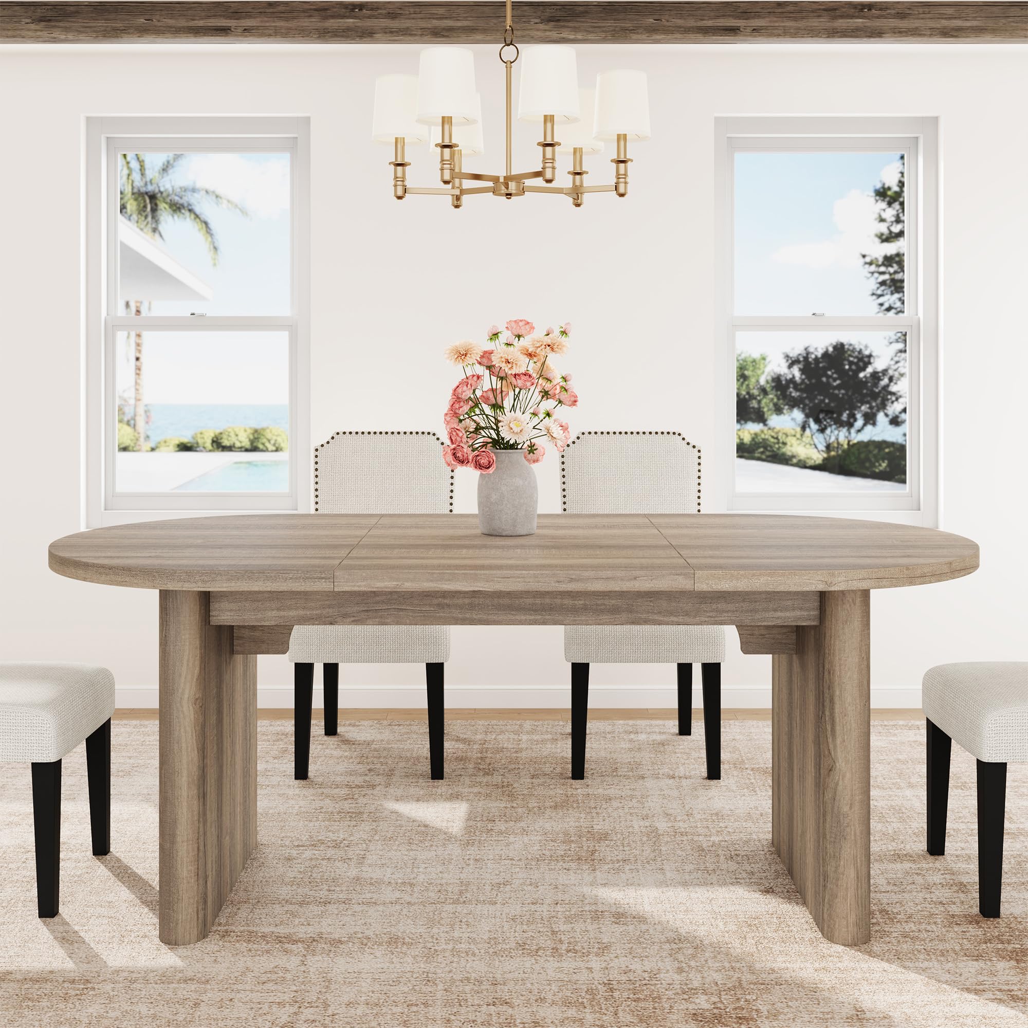 GarveeHome 7-Piece 70.8 Inch Oval Dining Table Set with Upholstered Dining Chairs, Kitchen Table with Wood Base, High Back Dining Chair with Wood Legs