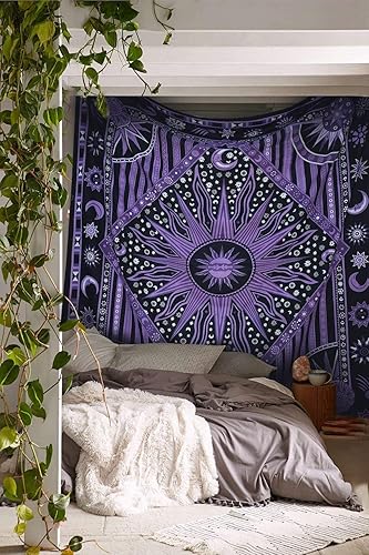 Popular Handicrafts Wall Hanging Tapestry For Bedroom Hippie Burning Sun and Moon Meditation Bohemian Hippy Psychedelic Design Indian Tapestries Bedspread 30 x 40 Inches (76 x 101 cms), Blue - 40"L x 30"W - Purple