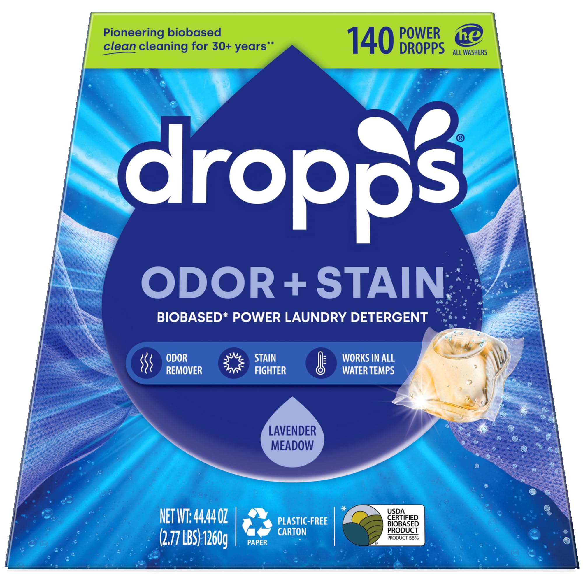 Dropps Stain & Odor Laundry Detergent | Lavender Eucalyptus, 140 Pods | Low-Waste Packaging | Works In All Machines - High Efficiency (HE) Compatible | Powered by Natural Plant-Based Ingredients