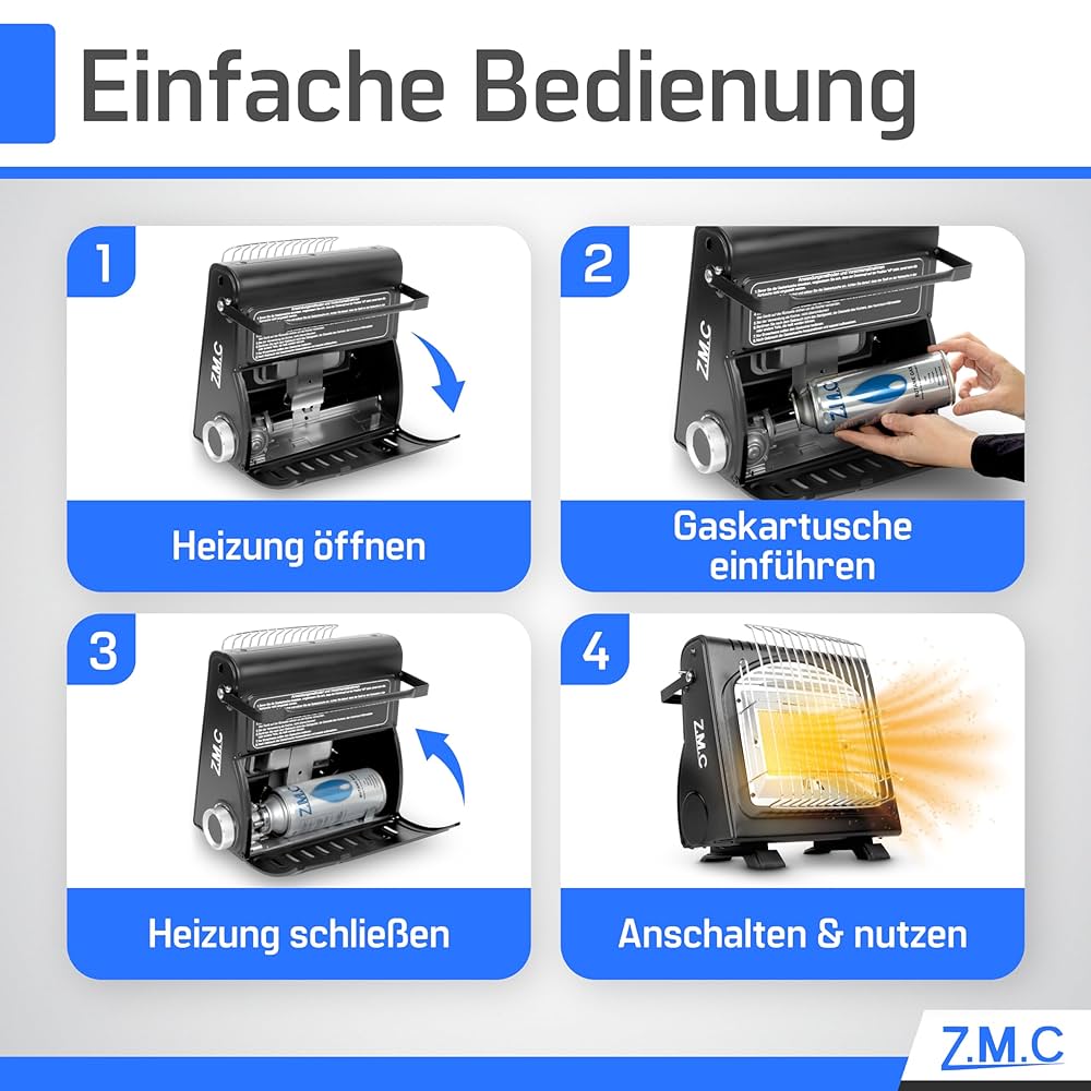 Chauffage Gaz Portable Z.M.C 2-en-1 - 1.7kW, 20 Cartouches Incluses, Allumage Piézo