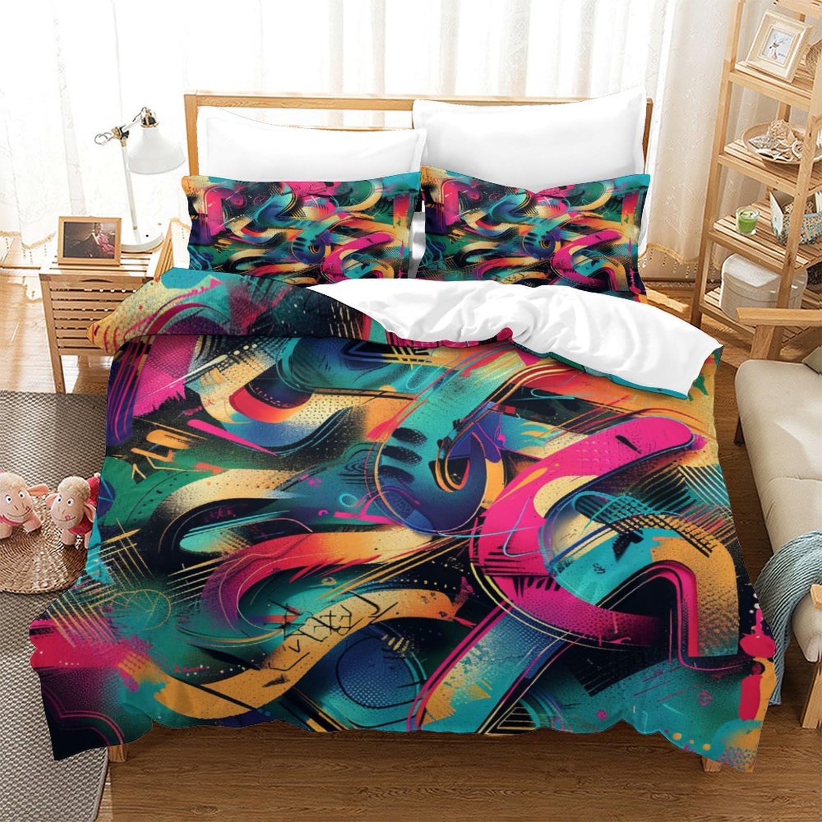 ENYISIYULO Duvet Cover Graffiti 3D Print Duvet Quilt Cover Artistic Graffiti Soft Microfiber Quilt Cover Decor with Pillowcase for Adults Kids Bedroom Double（200x200cm）