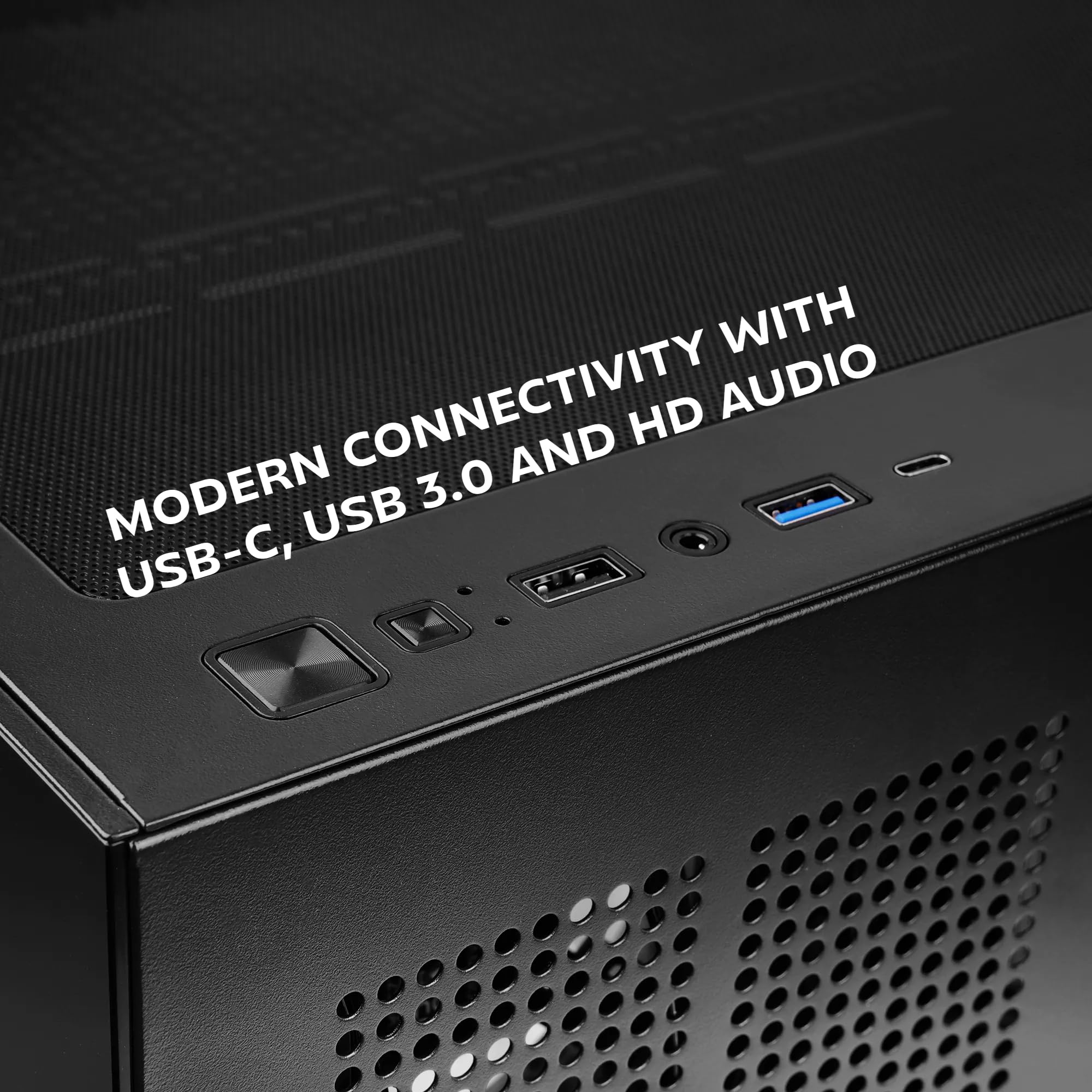 Mars Gaming MCV5, Obudowa PC ATX, panoramiczne szkło hartowane, 4x wentylatory ARGB 120mm, 7 poziomych slotów PCI + 2 pionowe sloty PCI, kompatybilna płytami głównymi odwróconym złączem, USB-C, Czarny