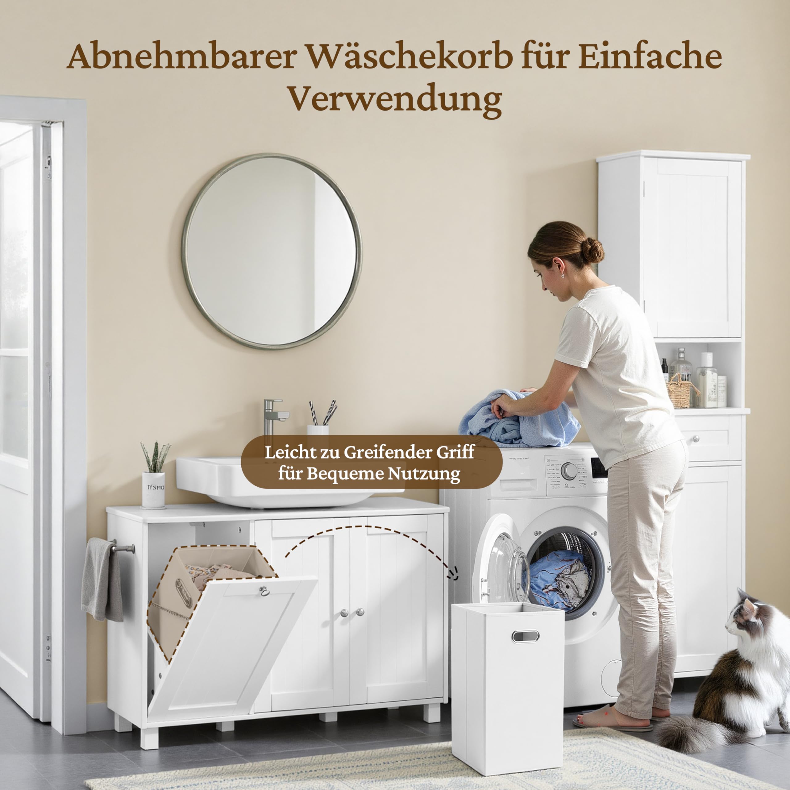 Yaheetech Mobile Sottolavabo a 3 Ante Mobile da Bagno con Portabiancheria Armadietto da Terra per Lavandino Mobiletto Bagno Salvaspazio con Ripiano Regolabile