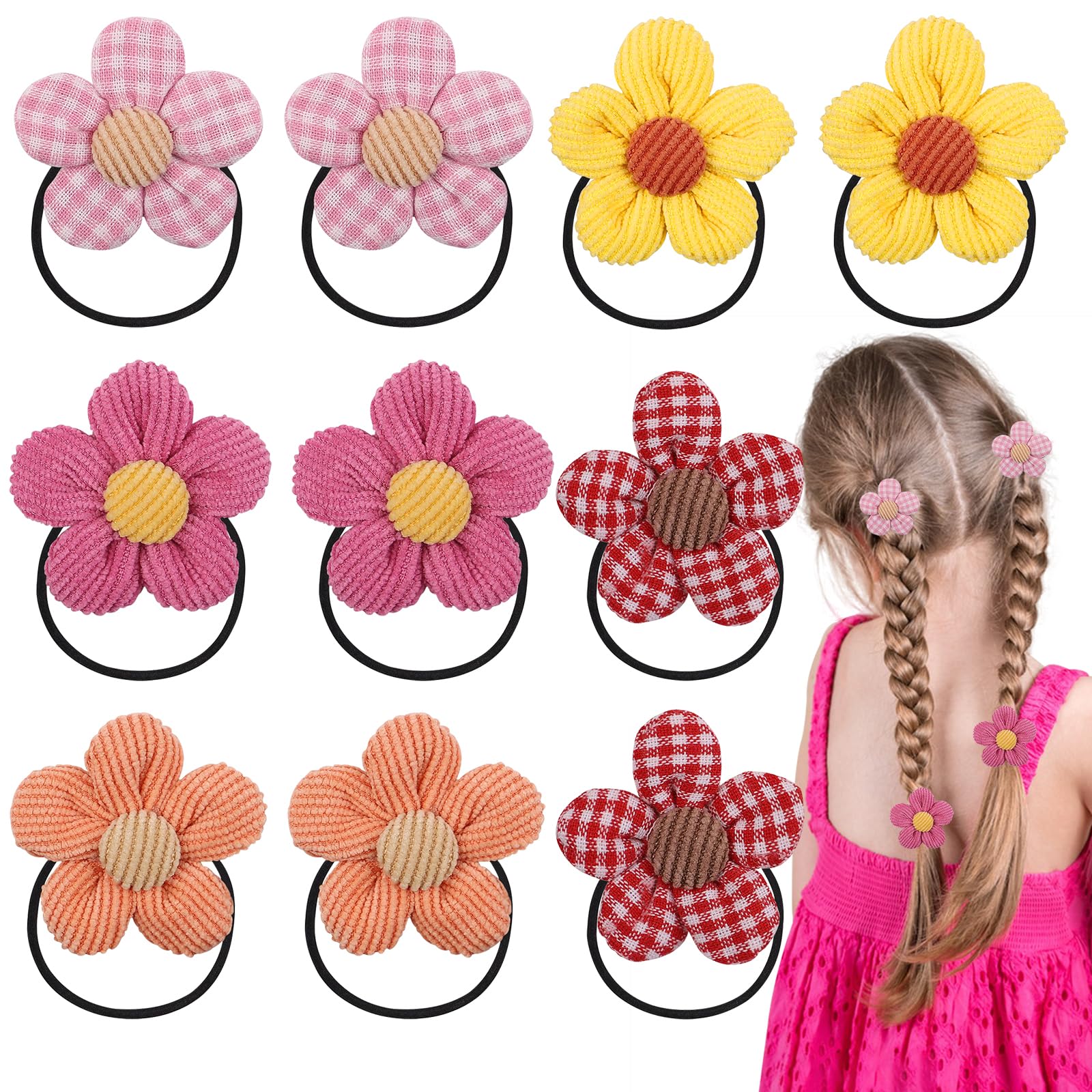 10PCS Hair Flower for Girls,Cute Soft Seamless Flowers Toddler Elastic Hair Bands Ponytail Holder for Girls Women Hair No Damage Accessories
