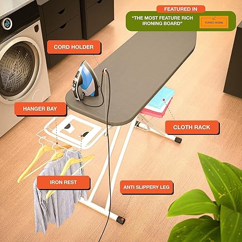 Miniatura 5 de D-Crease+ Tabla de planchar de tamaño completo de 48 x 15 pulgadas con soporte de hierro de silicona  Soporte de pared y gancho para colgar en el