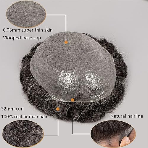 Miniatura 3 de Tupé de cabello humano para hombre, piel suave y fina (0.002 in), extensiones de nudo en V para hombres, 8 x 10 pulgadas, sistema de reemplazo de