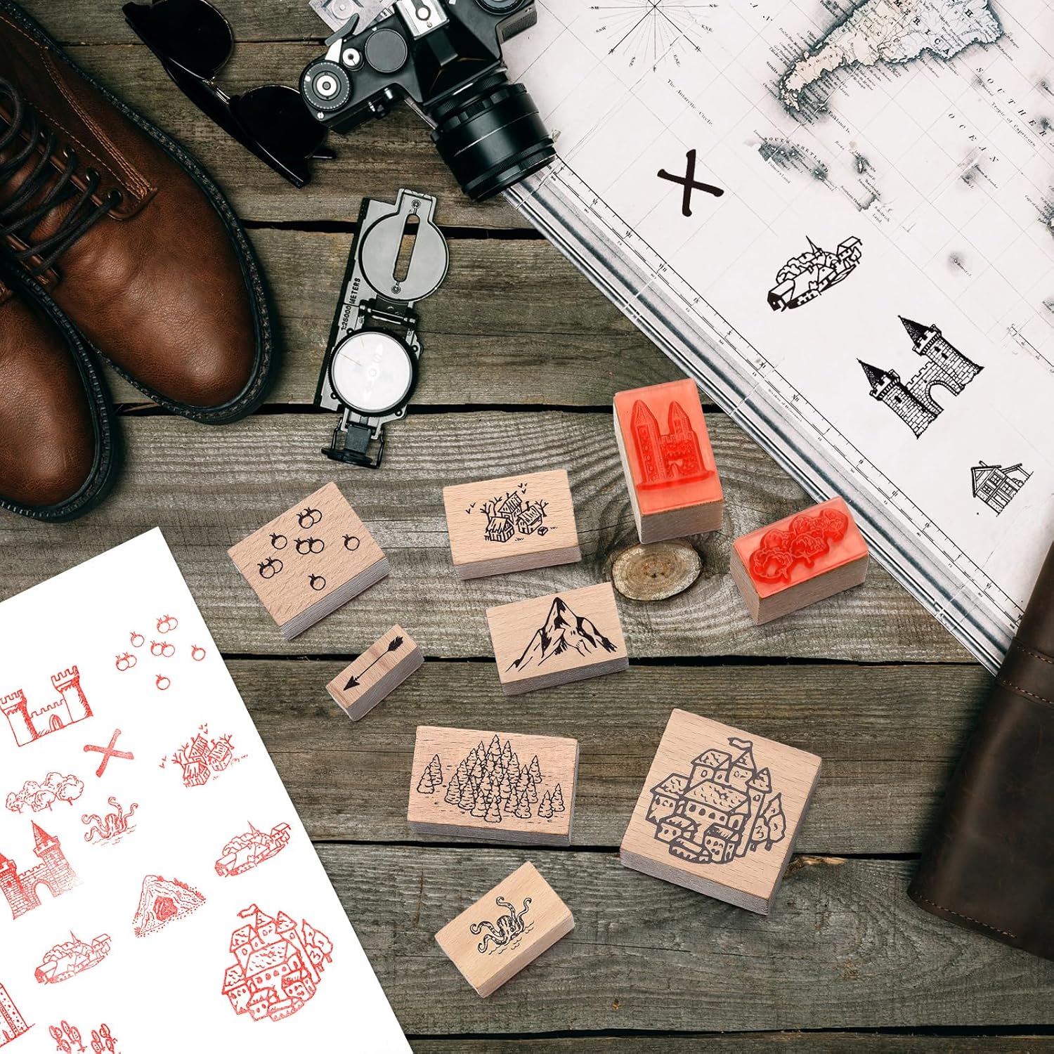 Marspark 48 Pcs Map Making Stamp Kit Compass Mountains Vintage Rubber Stamp Kit Compass Outdoor Scenery Stamps for RPG Adventures Storytelling Creative Projects DIY Crafts Scrap Booking Supplies