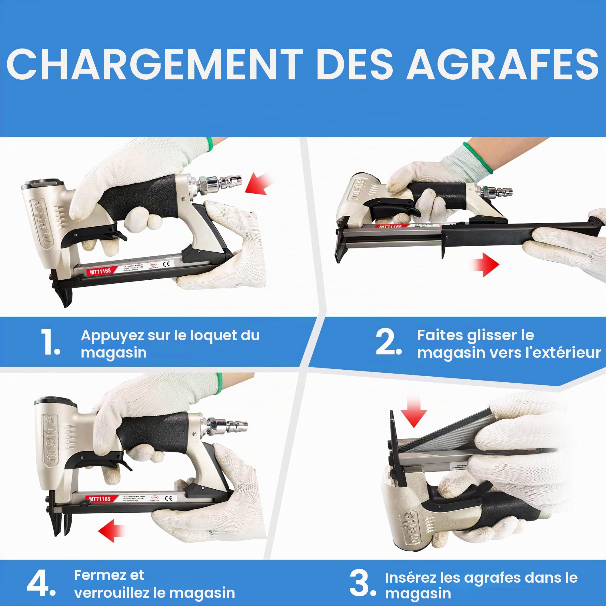 meite MT7116S Agrafeuse Tapissier Pneumatique avec Gâchette de Sécurité, Utilise des Agrafes de Type 71, 6 à 16 mm, 9,1 mm Couronne, Agrafeuse Pneumatique pour Meubles et Travail du Bois