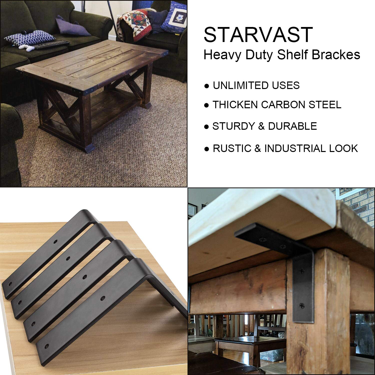 4 Pack Heavy Duty Black Metal Shelf Brackets 6x6 inch, STARVAST Wall Mounting L Angle Bracket