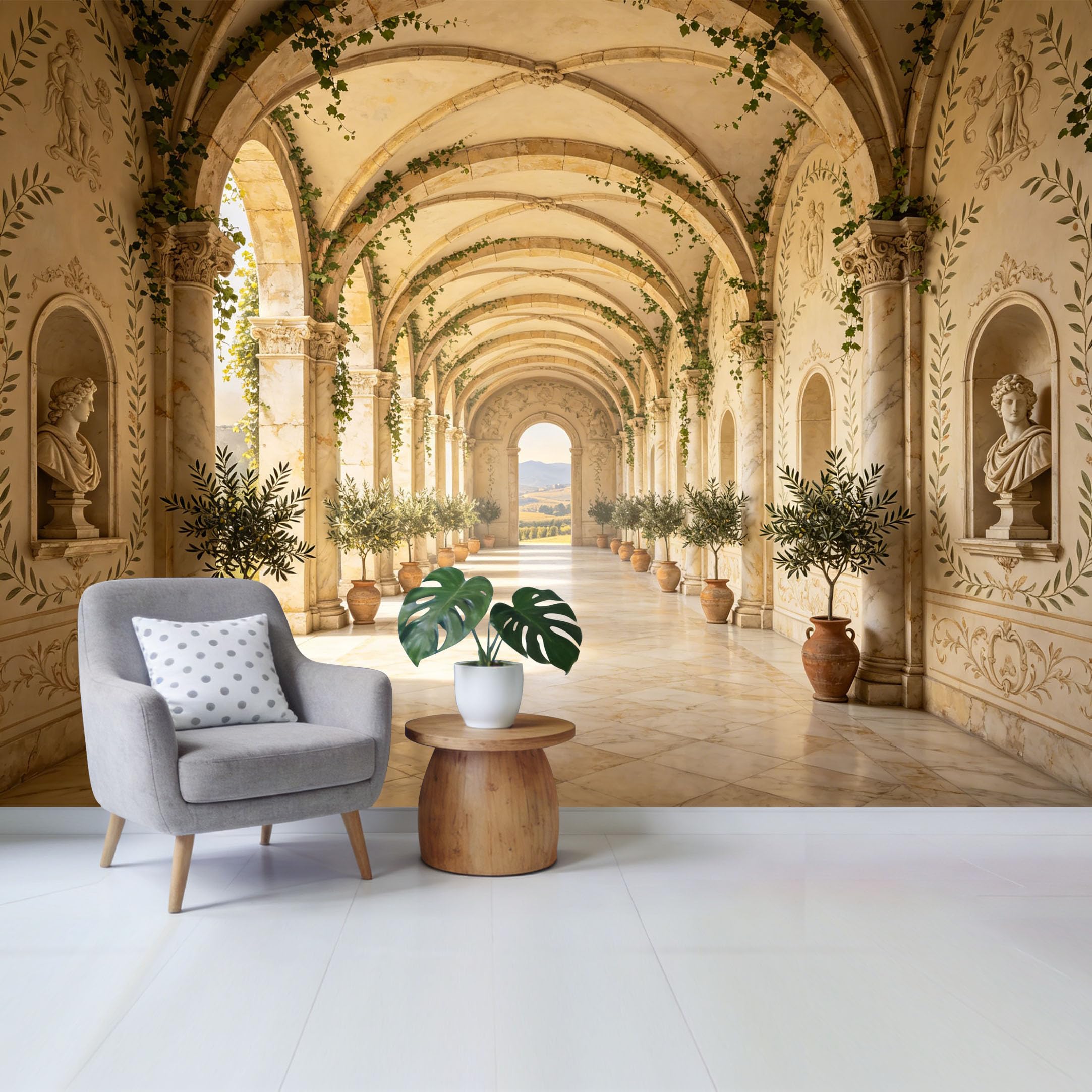 Removable Self Adhesive Fabric Mural， Neoclassical Roman Arcade Archway Custom Size Wall Covering， UV Protected Waterproof Washable Wall Decor for Living Room Bedroom Bathroom