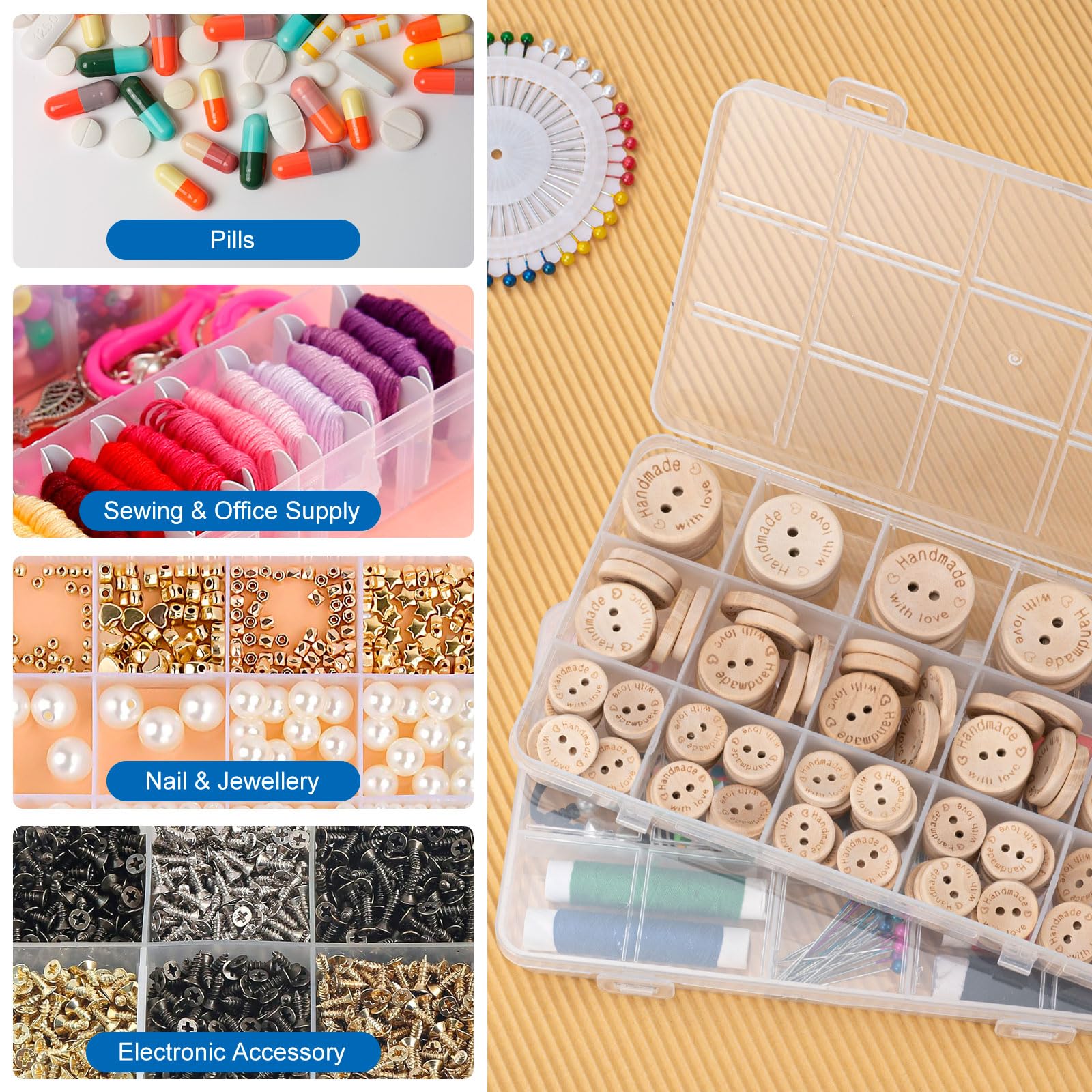 MumdoYAL 2 Pezzi Scatole Plastica con Coperchio, Scatola Porta Oggetti, Contenitore Plastica con Coperchio, con 15 Scomparti per Riporre Orecchini, Perline, Viti