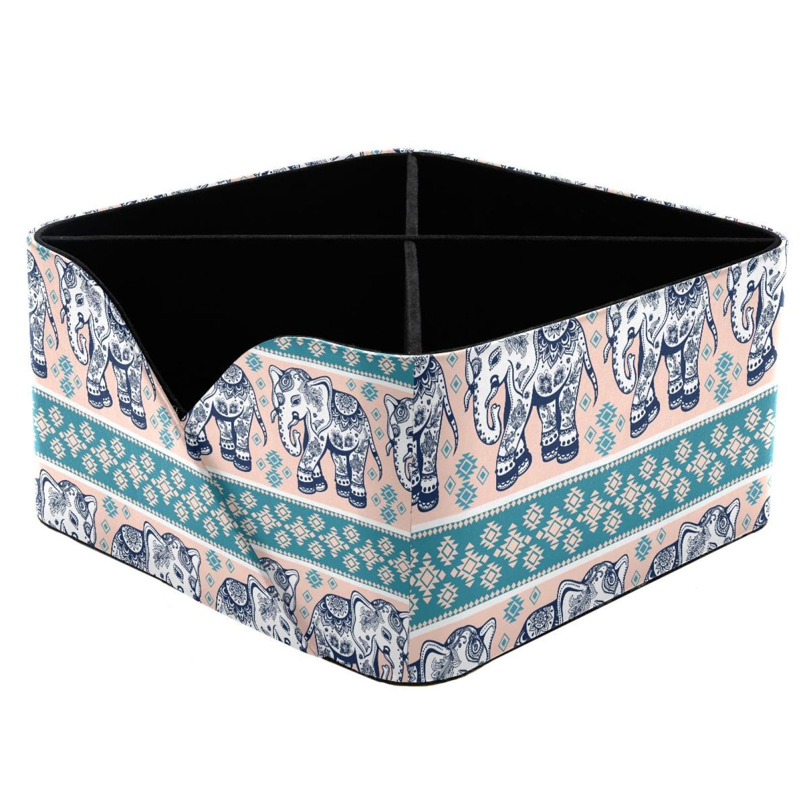 KengjuTesu Vintage Indian Tribal Lotus Ethnic Elephan Pattern Desktop Organizer Pen Holder, Rectangular Pencil Cup for Office, Study and Makeup Stations