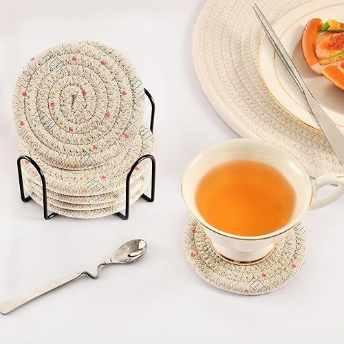 Miniatura 5 de innewgogo Teeth 6 Pcs Absorbent Drink Coasters for Tabletop Protection Handmade Round Woven Coaster with Holder & Heat Water Resistant Bulk Cup
