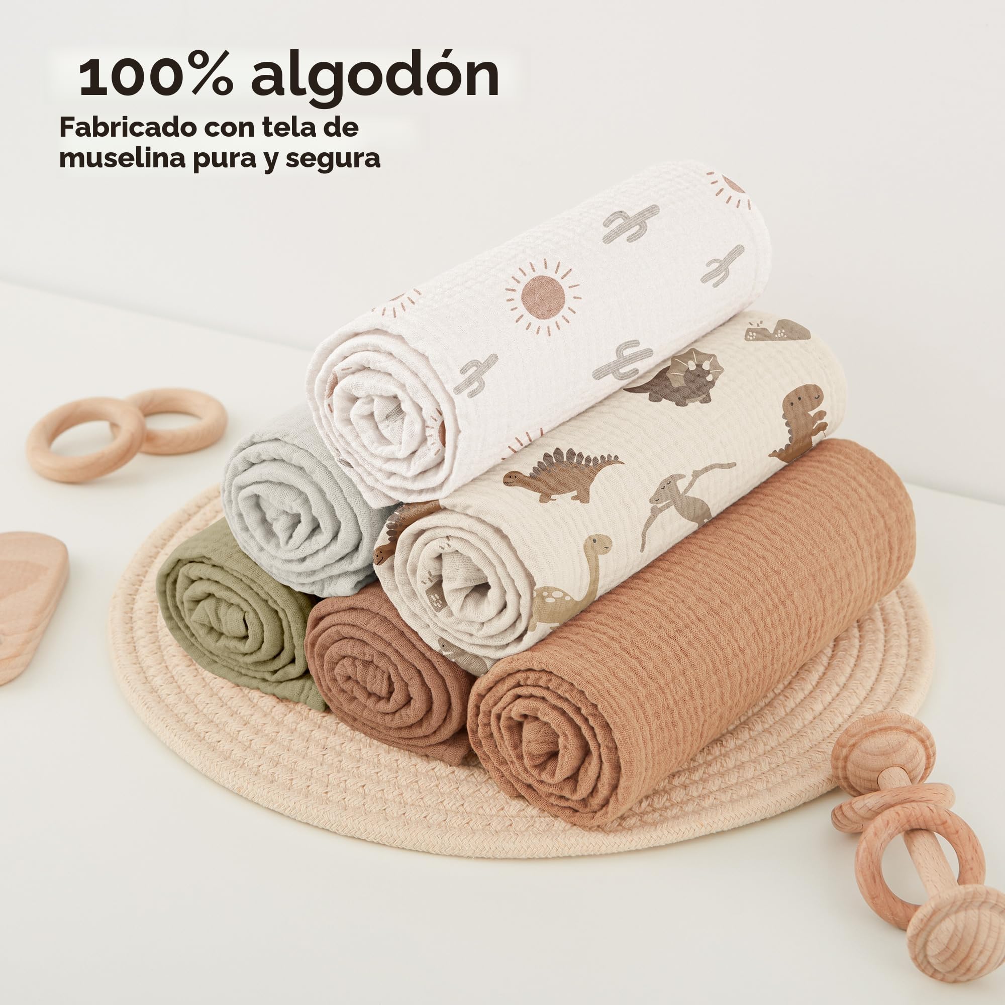 Bearmoss Muselinas Bebe Algodon 60x60cm,6 Piezas 100% Algodón Super Suave Transpirable y Extremadamente Absorbente Gasas para Bebes, Muselinas de Algodón para Recién Nacidos Bebés (Sol Marrón)