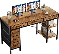 Sweetcrispy 55" Rustic Brown Computer Desk with 6 Drawers & Adjustable Storage Shelves - Home Office Gaming Workstation