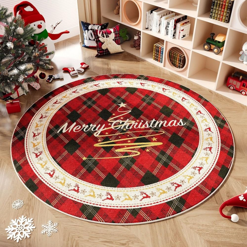 Odot Tapis Rond de Noël, Lavable Rug de Salon, Tapis Chambre,Chambre à Coucher, Ambiance Festive, Couverture de Chevet Père Bonne année (Étoiles,160cm)