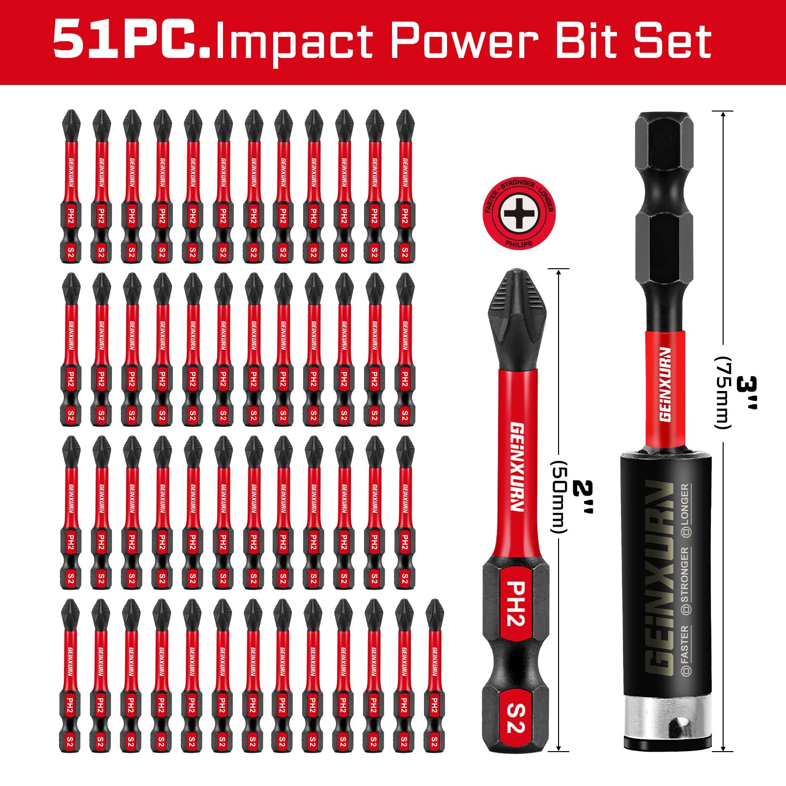 Geinxurn 51Pack PH2 2 Inches Impact Tough Anti-Slip Screwdriver