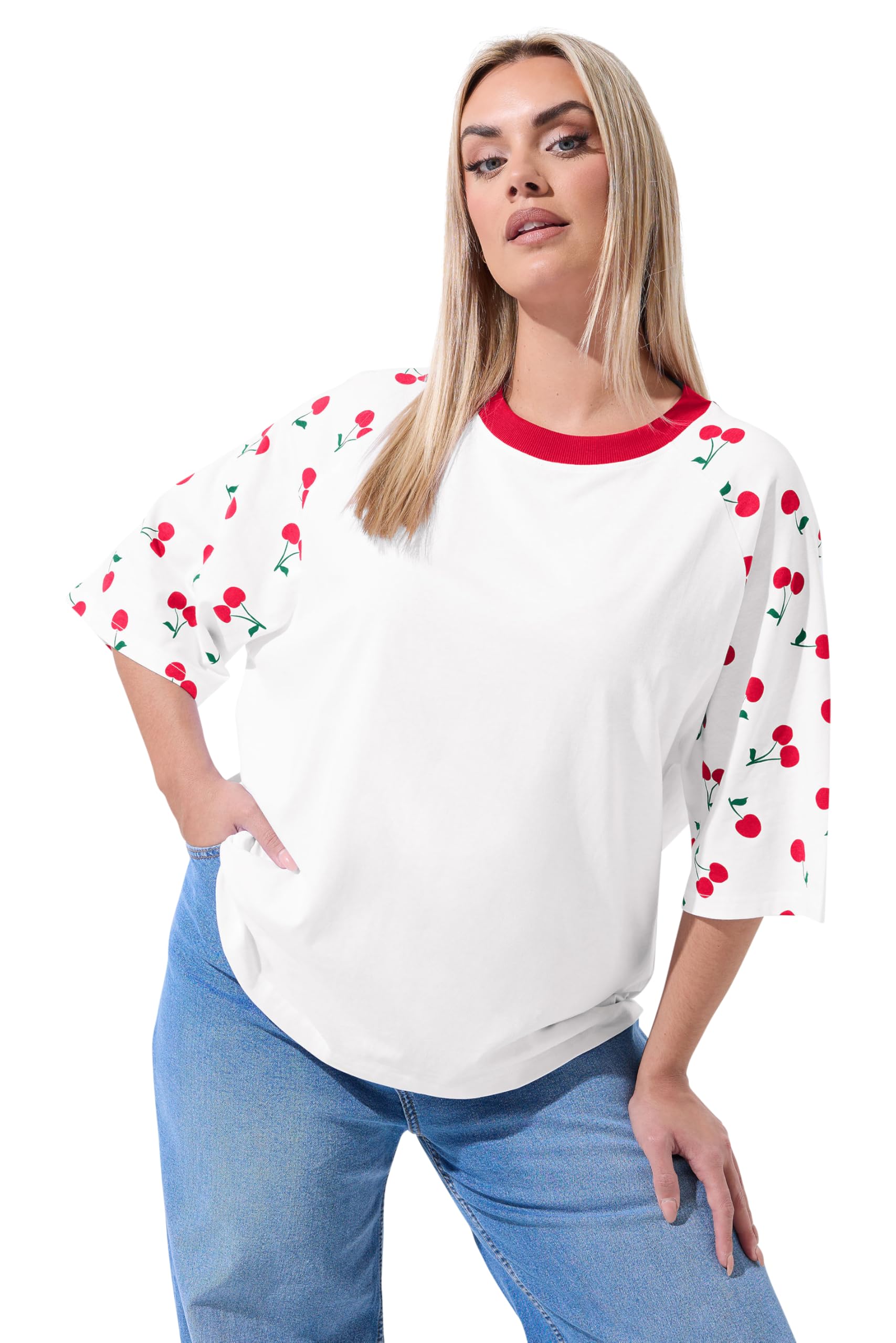 Yours Women's White Cherry Print T-Shirt In Size 22-24