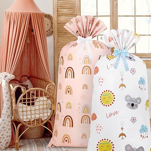 Miniatura 6 de Teling 2 bolsas de regalo de plástico bohemias grandes de 70 x 40 pulgadas, bolsas de almacenamiento de plástico de gran tamaño con 2 rollos de