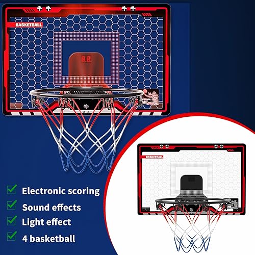Miniatura 3 de Aro de baloncesto interior para niños, mini aro para colocar sobre la puerta con marcador electrónico y 4 bolas, juguetes para niños de 3, 4, 5, 6,