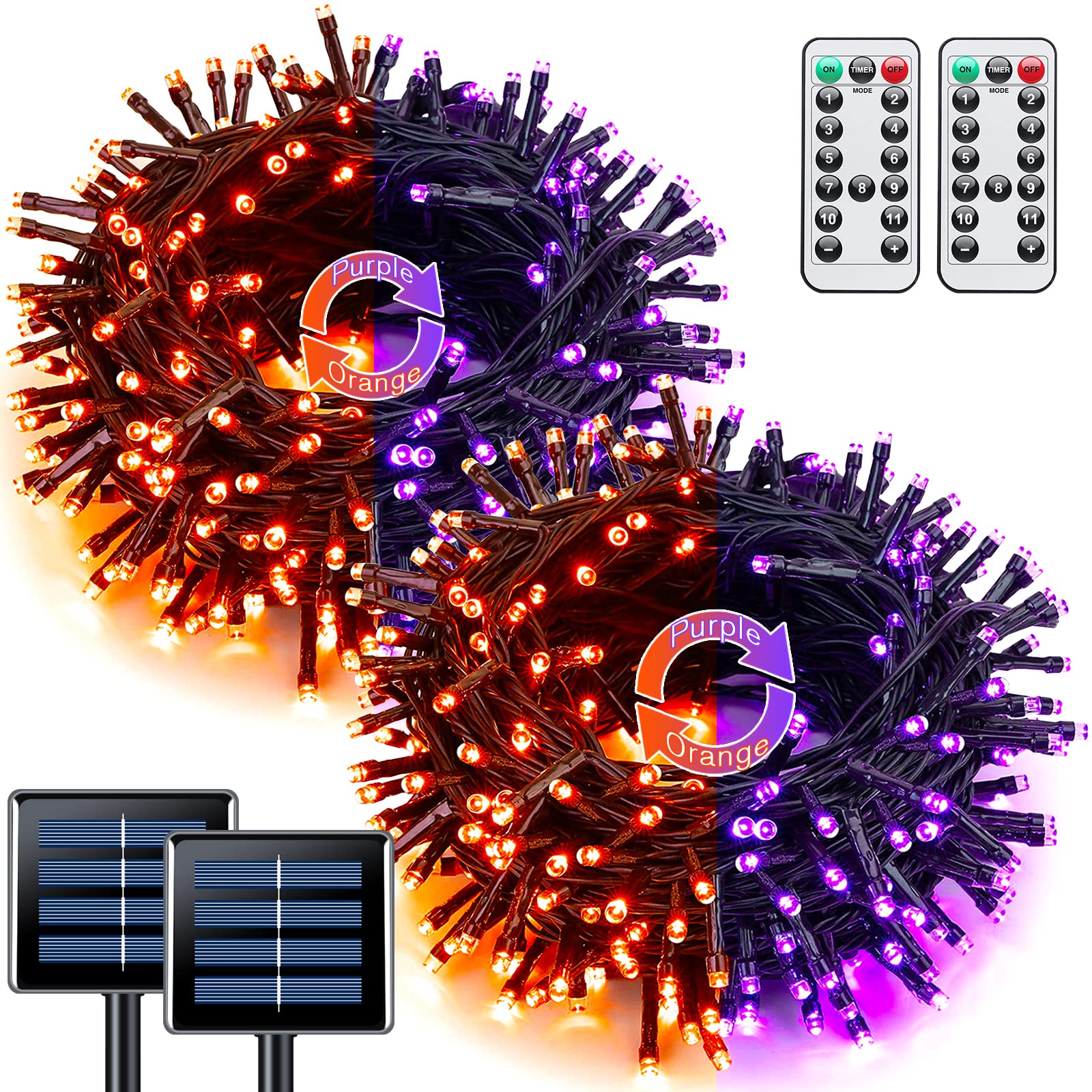 JMEXSUSS - Orange and Purple Solar Christmas Lights, 2 Pack 100 LED Color Changing Christmas Lights Outdoor, 49.6ft 8 Modes Waterproof Solar Lights for Christmas, Tree Decoration