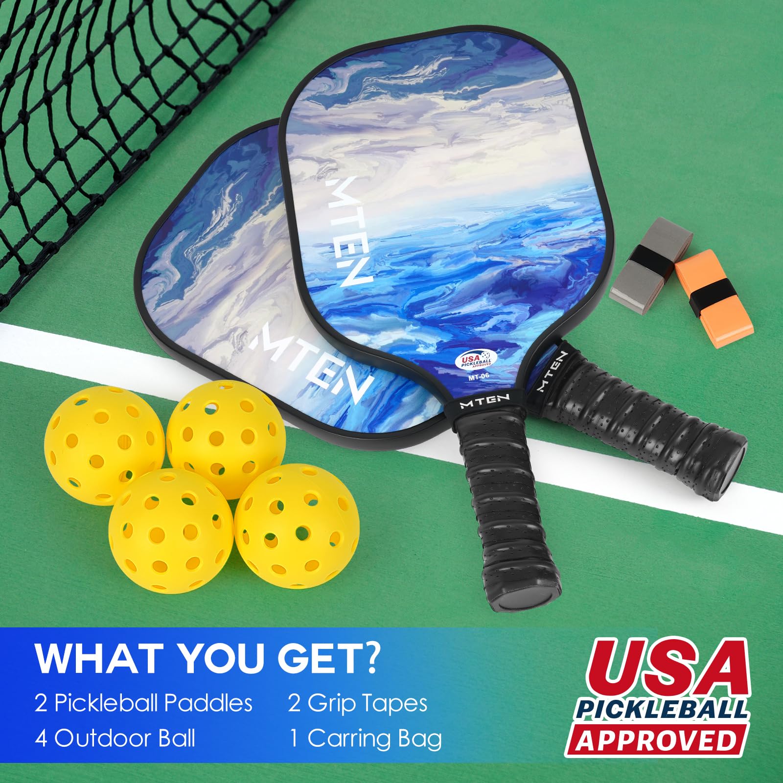 MTEN Pickleball Paddles, Pickleball Paddles Set of 2, USAPA Approved, 2 Paddles with 4 Outdoor Balls, 2 Grip Tapes, 1 Portable Carry Bag, Pickle Ball Set ​for Beginner